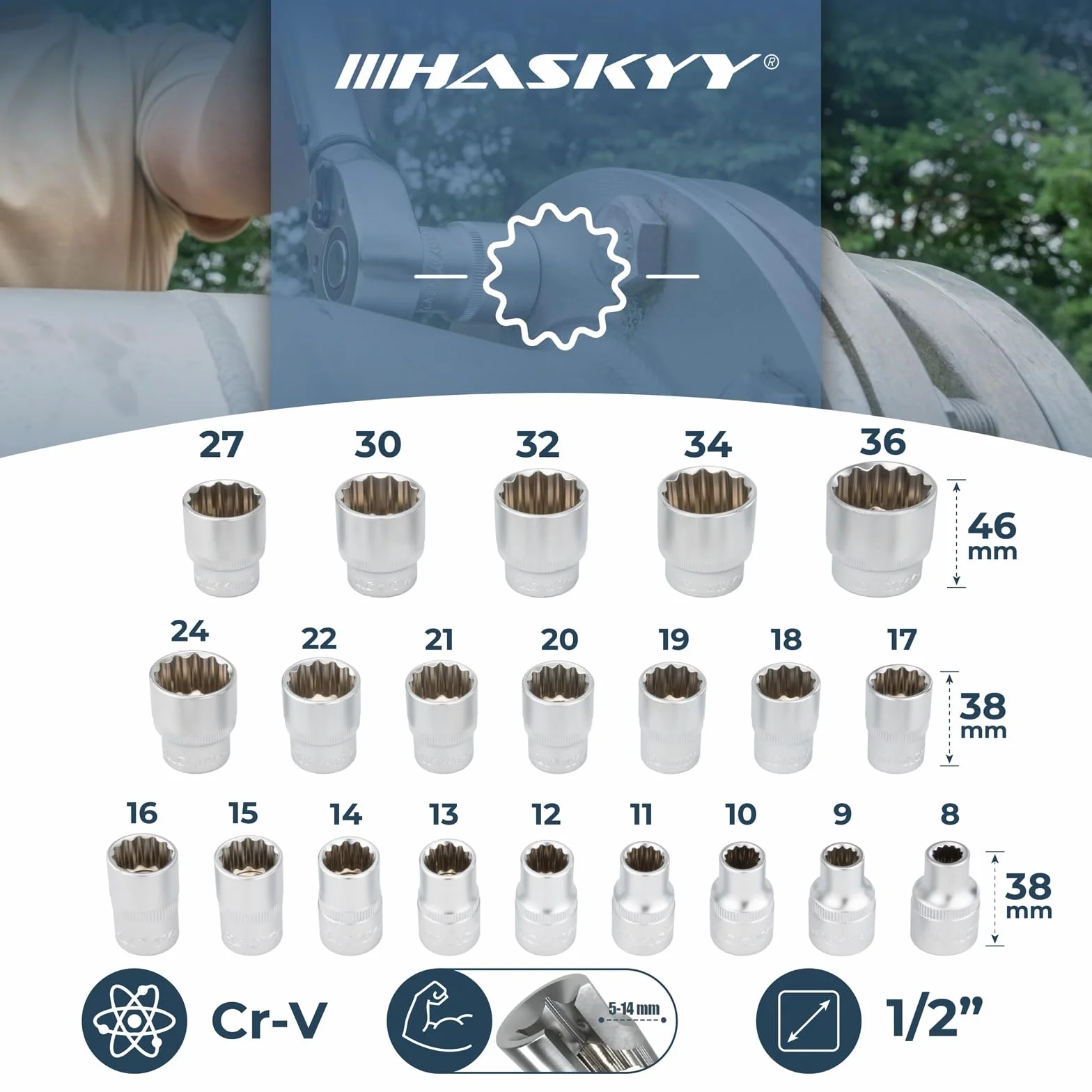 HASKYY Profesionales Juego de Llaves de Vaso multidiente I 21 Piezas Kit de Herramientas I 6 vasos Kant XZN Torx I Juego de vasos Sistema