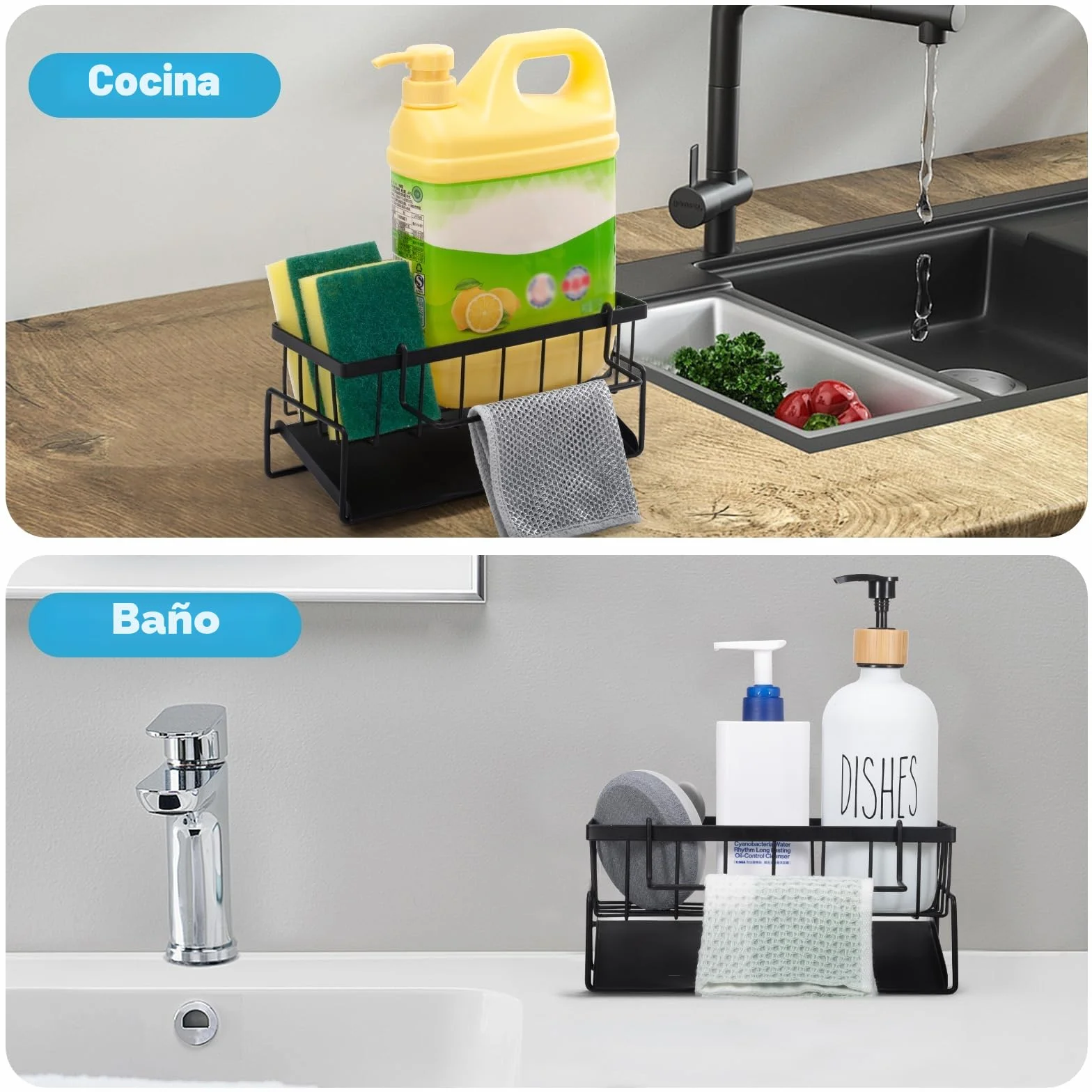 Caja de almacenamiento para fregadero de cocina, organizador para fregadero, estante de almacenamiento multifuncional, color negro, adecuado para almacenamiento de cocina y baño