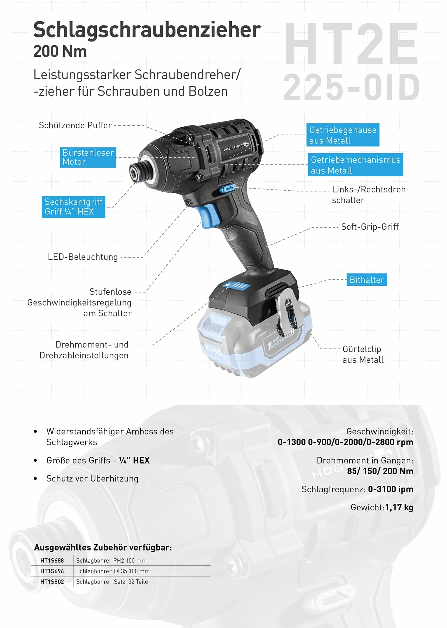 HÖGERT TECHNIK Set de taladro percutor a batería 18V, 200 Nm y 100 Nm, 2 atornilladores de impacto sin escobillas, 2 baterías, cargador 4A, iluminación LED, engranaje metálico, para madera y metal