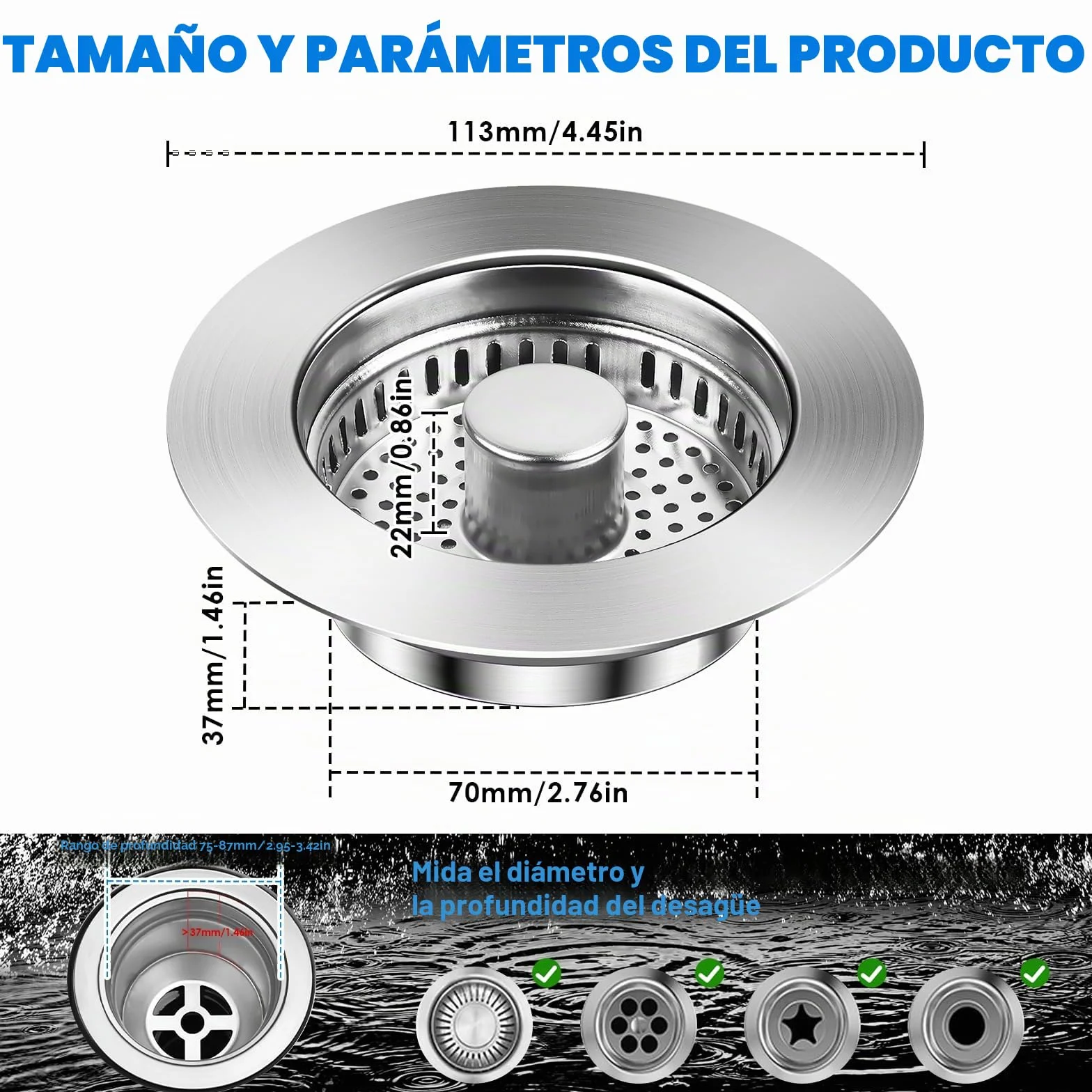 Tapon Fregadero Cocina Acero Inoxidable 3 en 1, Cesta Universal con Filtro, Orificio 75-86 mm