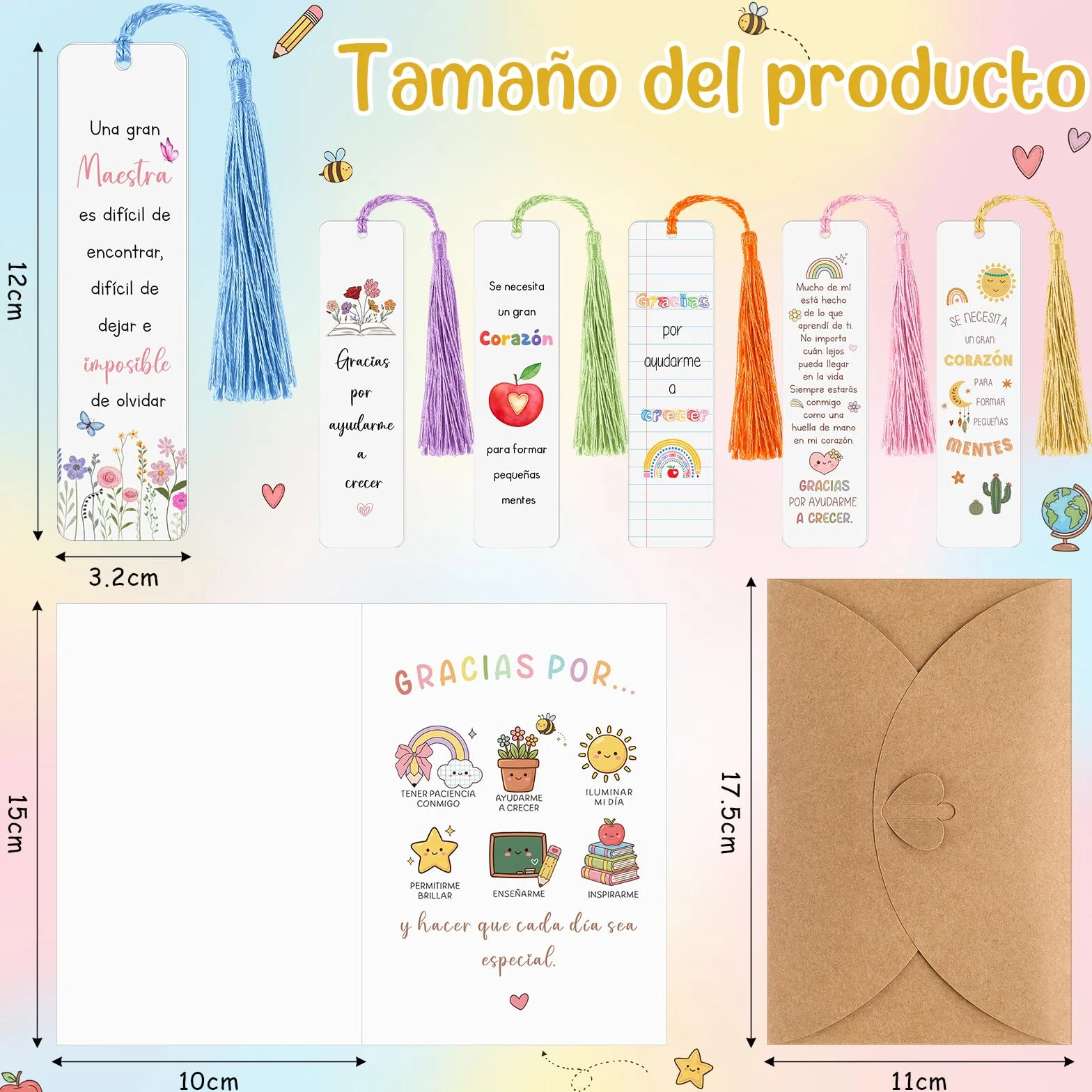 Tenare 6 Sets Regalos para Maestra Graduación Marcapáginas Profesor Tarjetas de Regalo Sobres Agradecimiento