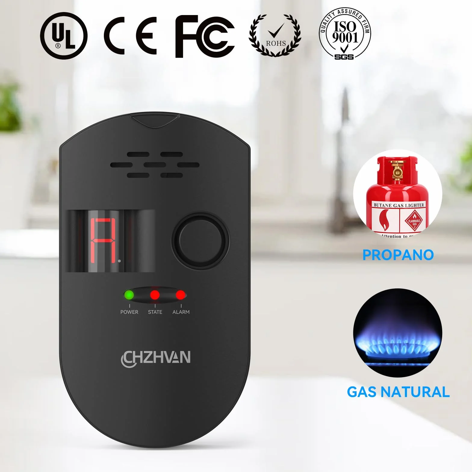 Sensor Enchufable para Detector de Gas/Gas Natural/GLP Carbono con Alarma Sonora, Pantalla Digital LED, y Monitoreo para Metano, Propano, Butano Gases Combustibles