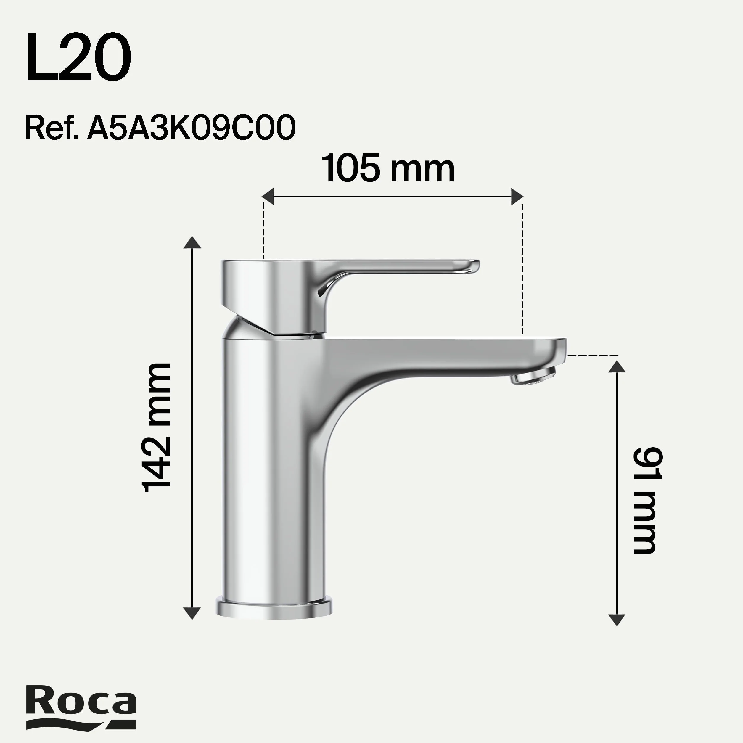 Roca L20 Grifería para lavabo con tecnología Cold Start, grifo monomando de repisa con enlaces de alimentación flexibles, mezclador para cuarto de baño de fácil instalación, cromado, A5A3K09C00