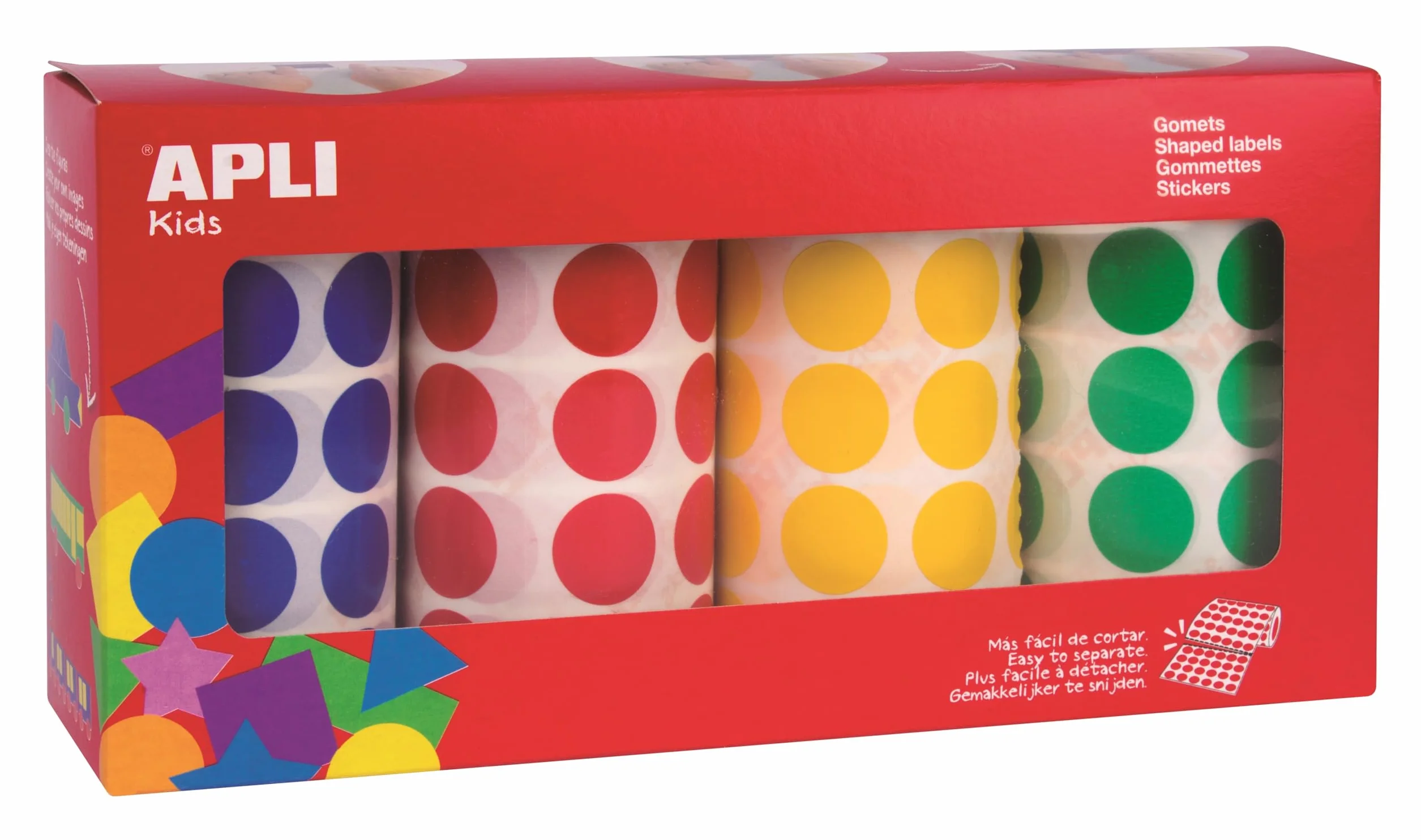 APLI Kids 13793 Pack 4 rollos gomets redondos 20 mm colores azul rojo amarillo verde 7080uds