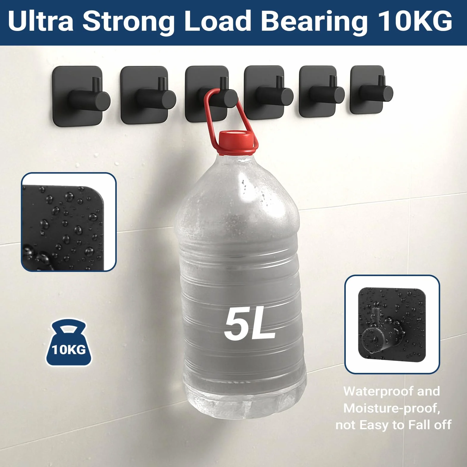 6 Ganchos Adhesivos para Pared Colgadores Adhesivos sin Taladro de Acero Inoxidable 304 con Soporte 10kg Adhesivo 3M Resistente al Agua y óxido para Baño Cocina y Sala Negro 4.5x4.5x2.7cm