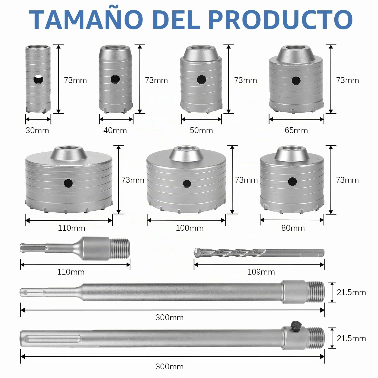 EXLECO 16 pcs Sierra Corona Set Broca para Muro de Hormigón Taladro Hueco Broca Sierra, 7 corona hormigon 30 40 50 65 80 100 110mm mit 100/300mm SDS Plus & SDS Max 6 Taladro Centrado, Brocas Hormigón