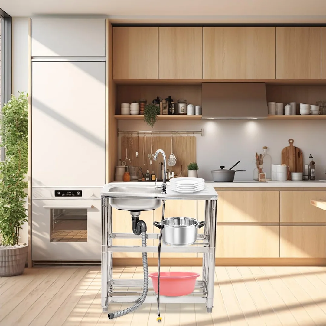 Lavabo independiente de acero inoxidable, lavabo libre con grifo, fregadero de cocina con superficies de apoyo, lavabo multifuncional con tubería de agua, lavabo de uso para lavadero, jardín