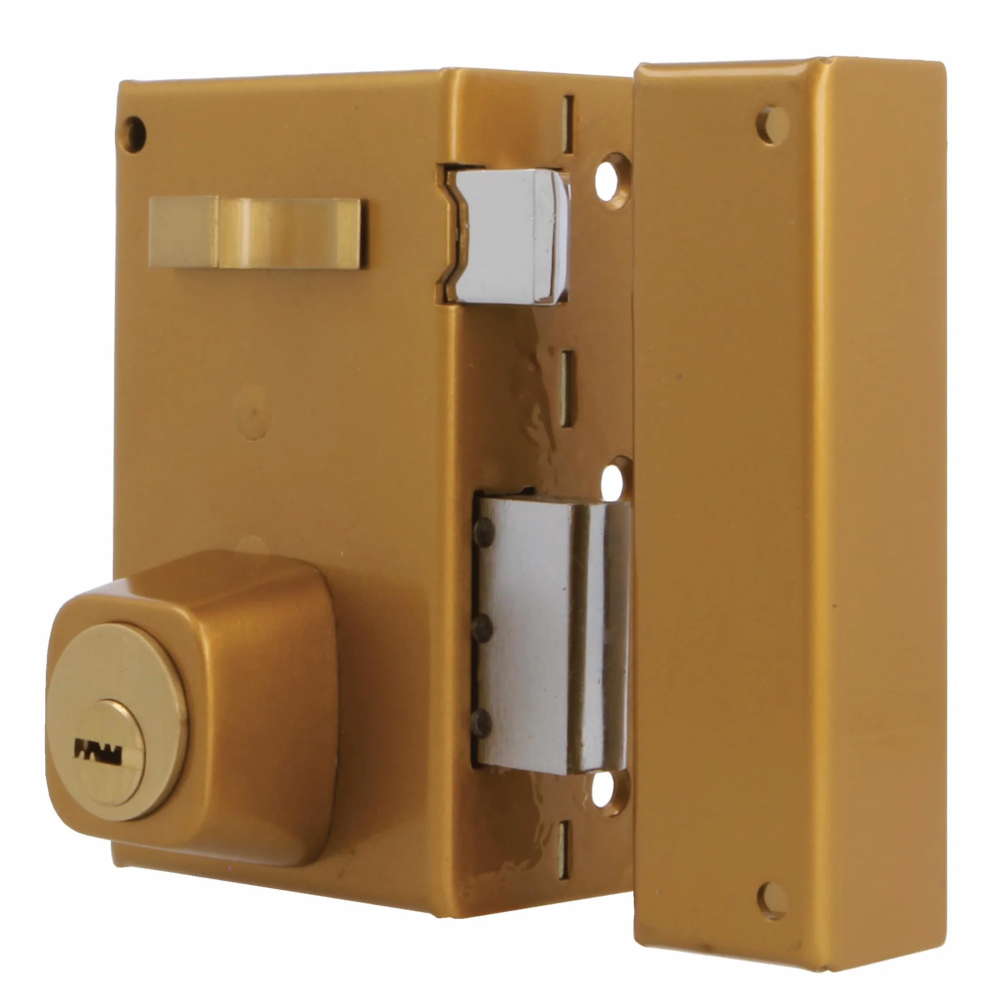 Amig - Cerradura de Sobreponer de Derecha con Palanca de Cierre - Lengüeta y Tirador para Puertas de Madera - Mod. 75, 67 x 112 mm - Cilindro Redondo de Seguridad - Acero - Dorado