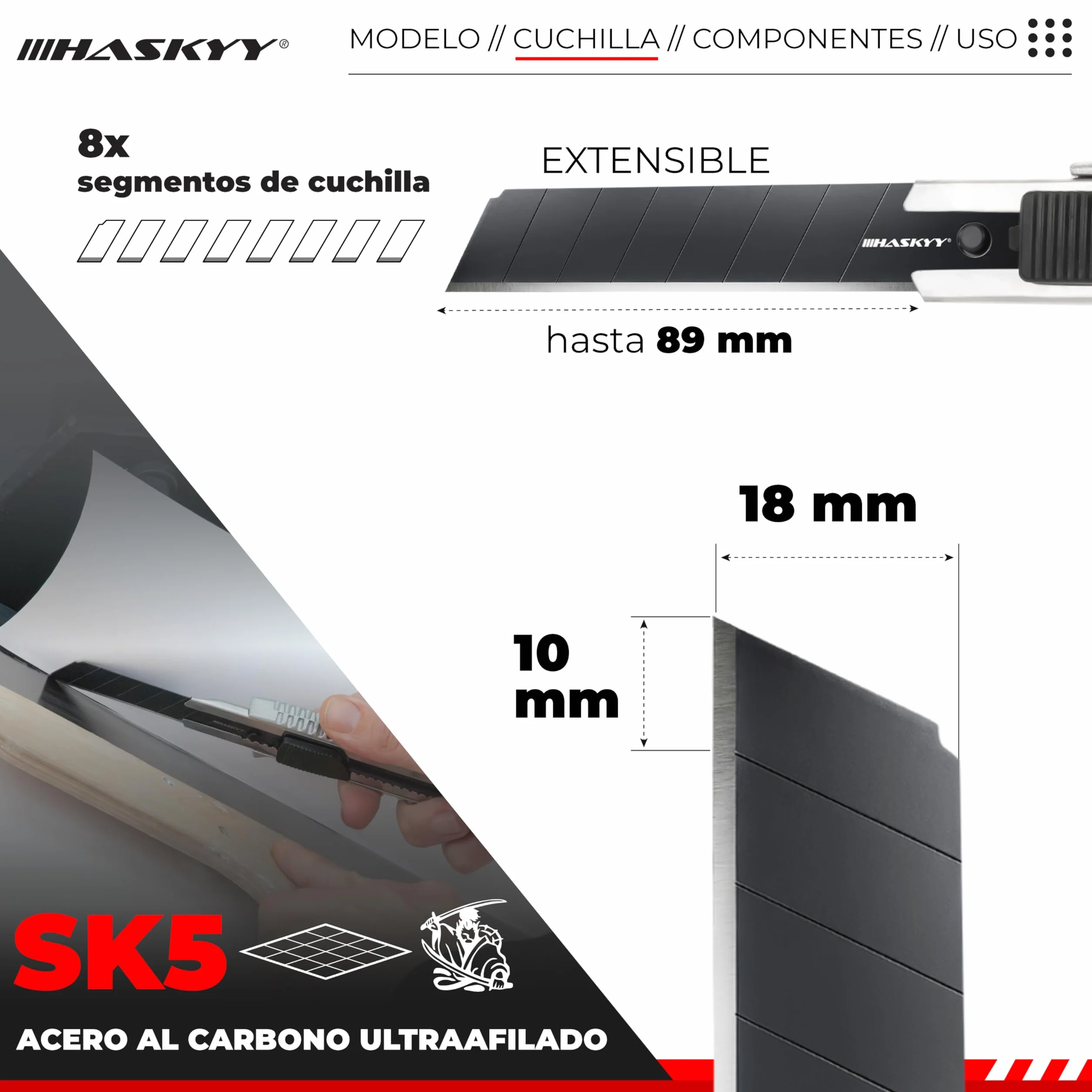 HASKYY Pack 2 Cúteres Profesionales 18mm + 5 Hojas SK5 Premium - Navajas de Seguridad con Auto-Lock