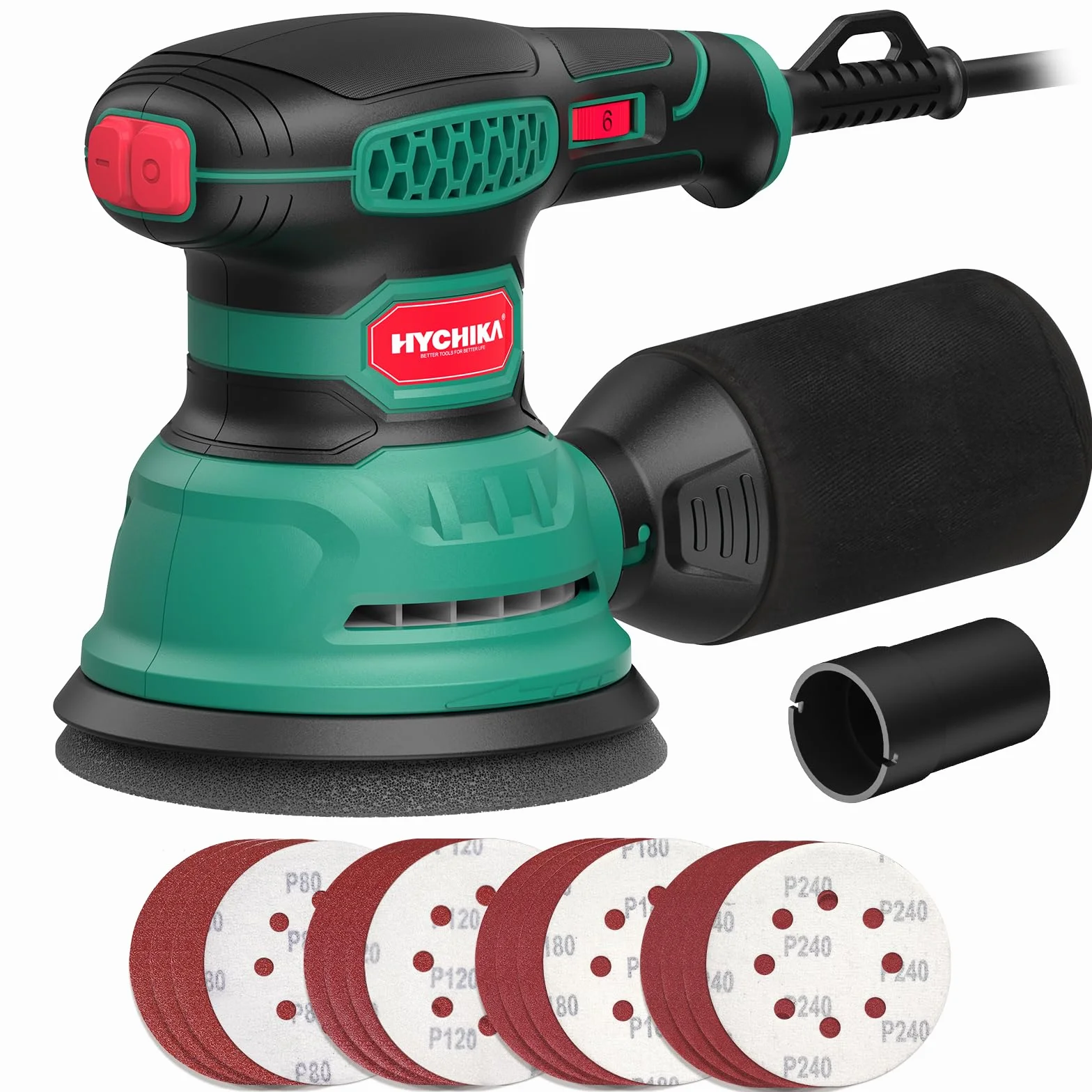HYCHIKA Lijadora Orbital, 300W 12000OPM Lijadora Madera, 6 Velocidades, con 16 Piezas de Discos de lija 125mm, Con Recogida de Polvo y Efecto de Frenado Rápido, para Lijar y pulir Madera