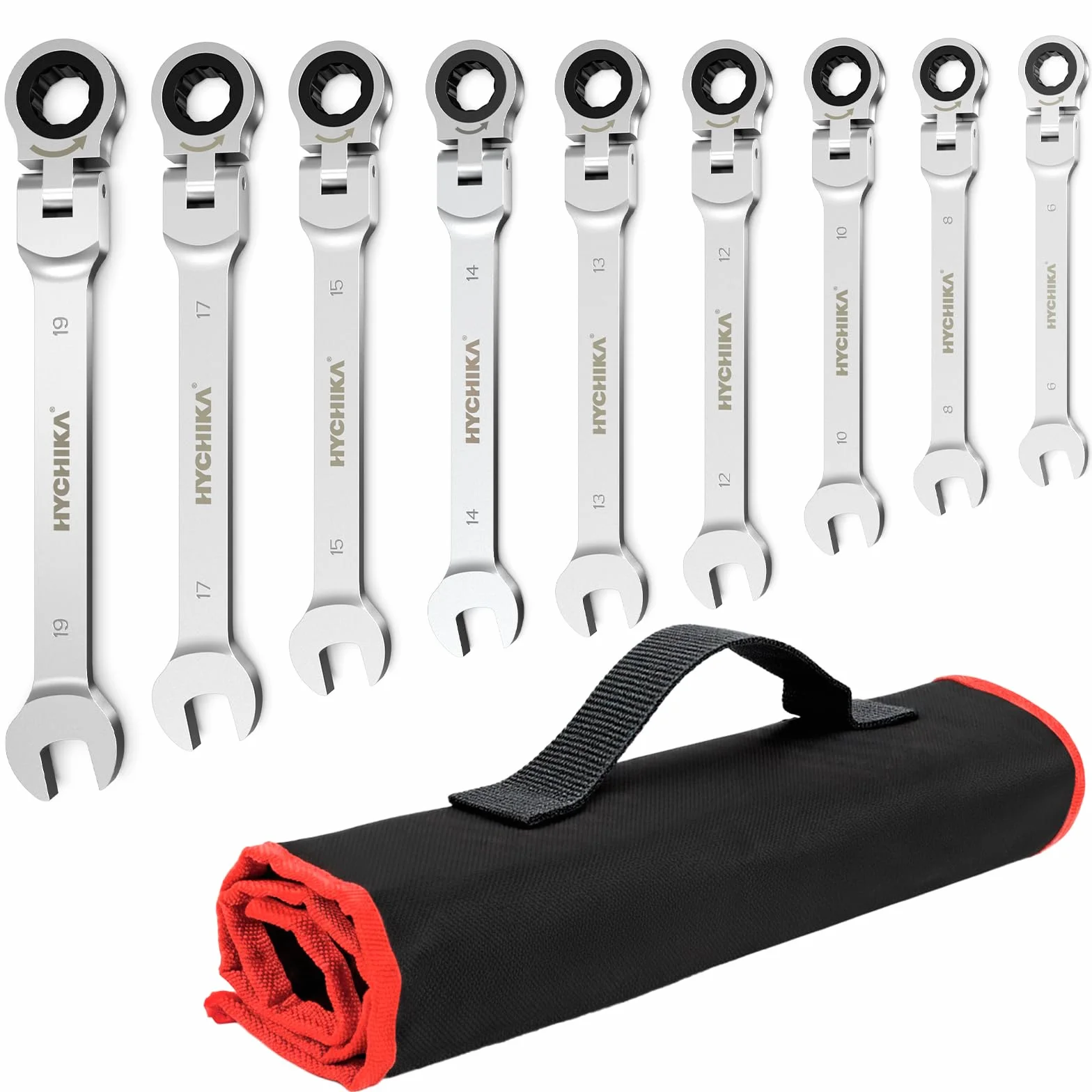 HYCHIKA Llaves Fijas Con Carraca 6-19mm, 9pcs Llave De Carraca Con Bolsa Enrollable, Llaves Combinadas Juego De Llaves, Adecuado Para ReparacióN De AutomóViles, Mantenimiento Industrial