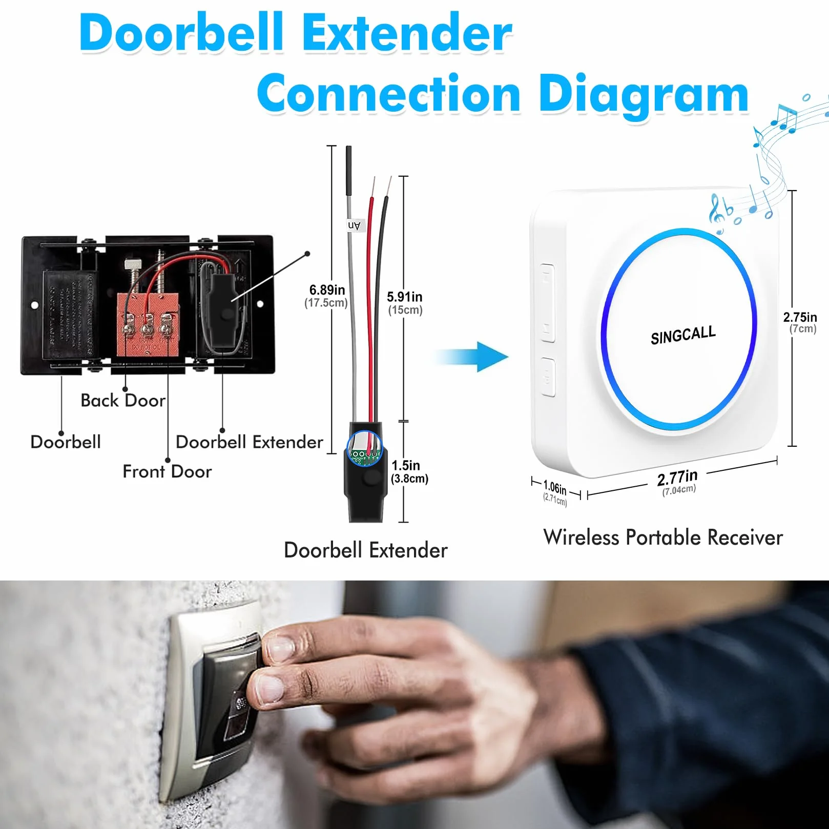 SINGCALL Juego de Extensión de Radio Timbre Inalámbrico Gong para Sistemas de Timbre Existentes con 32 Tonos y Volumen 0-100 dB para Hogar/Garaje/Apartamento,1 Receptor Portátil+1 Convertidor de Radio