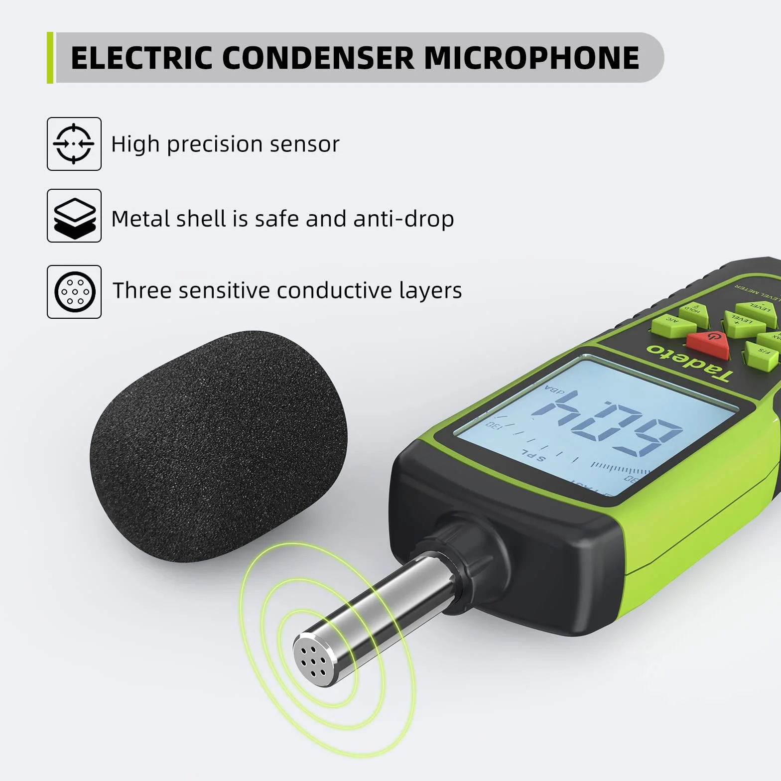 Sonometro Tadeto Medidor Decibelios Portátil 30dB-130dB Pantalla LCD Retroiluminada MAX/MIN