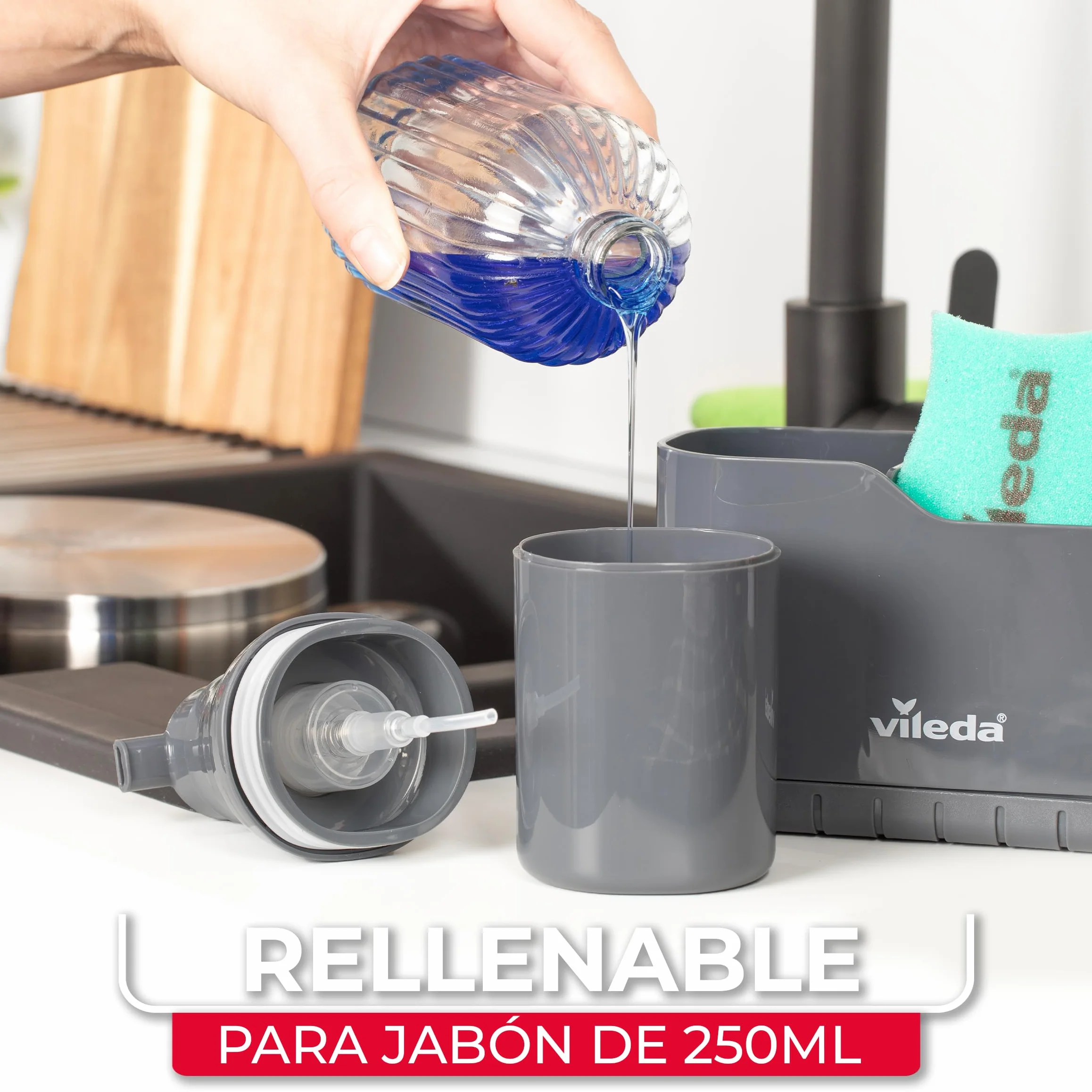 Vileda Organizador de Fregadero con Dispensador de Detergente - Soporte de pie para esponjas y cepillos con dosificador de jabón - Organizador de cocina de plástico con divisores ajustables