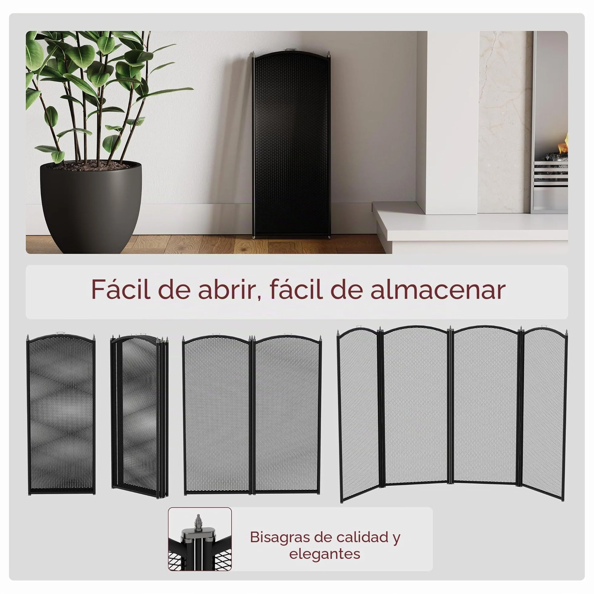 Fire Vida Protector de chimeneas de Metal con 4 Paneles, Color Negro