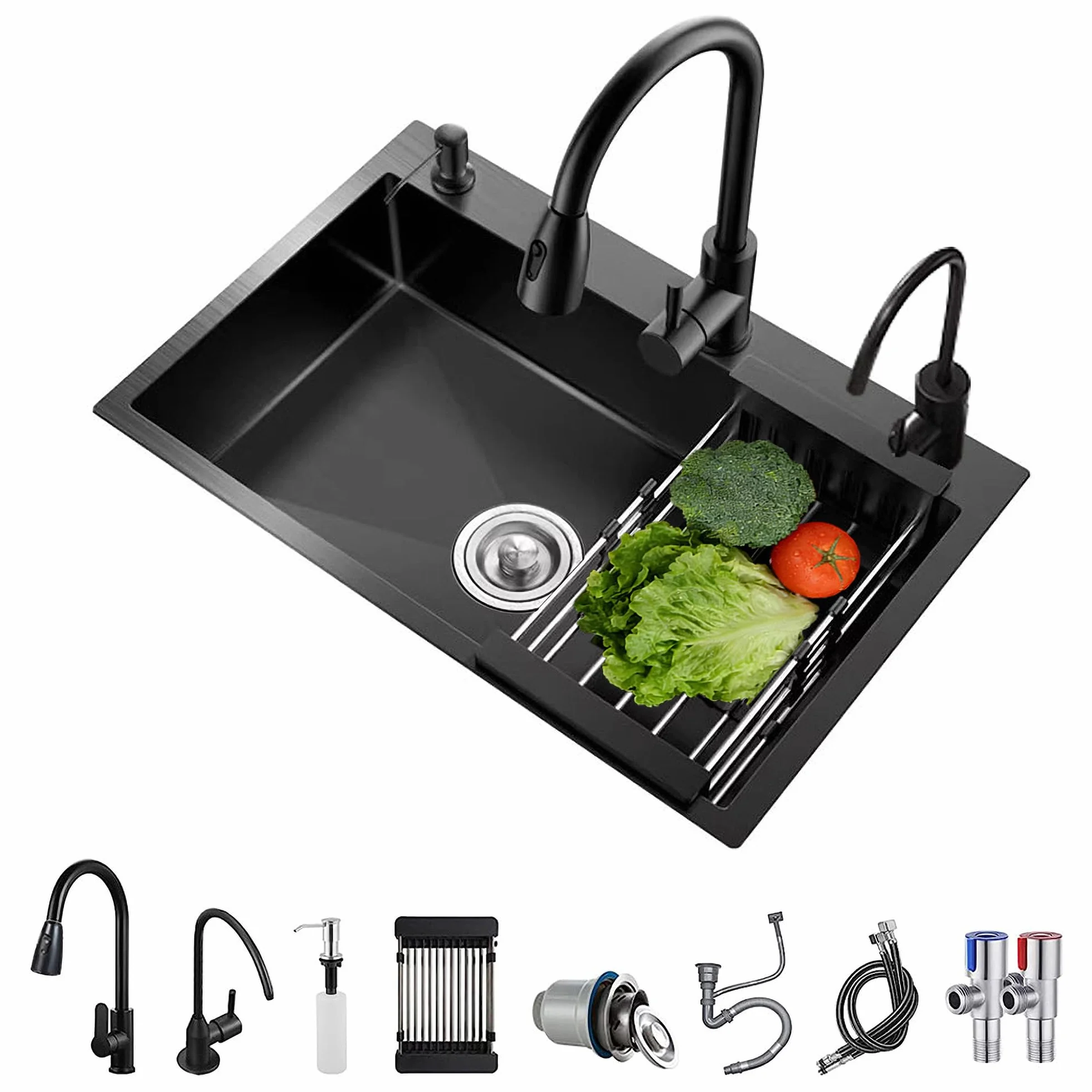 Fregadero de Cocina 1 Seno con Escurridor, Acero Inoxidable Negro, con Dispensador de Jabón para Baño, Viajes en Caravana, 68 * 45 * 20cm