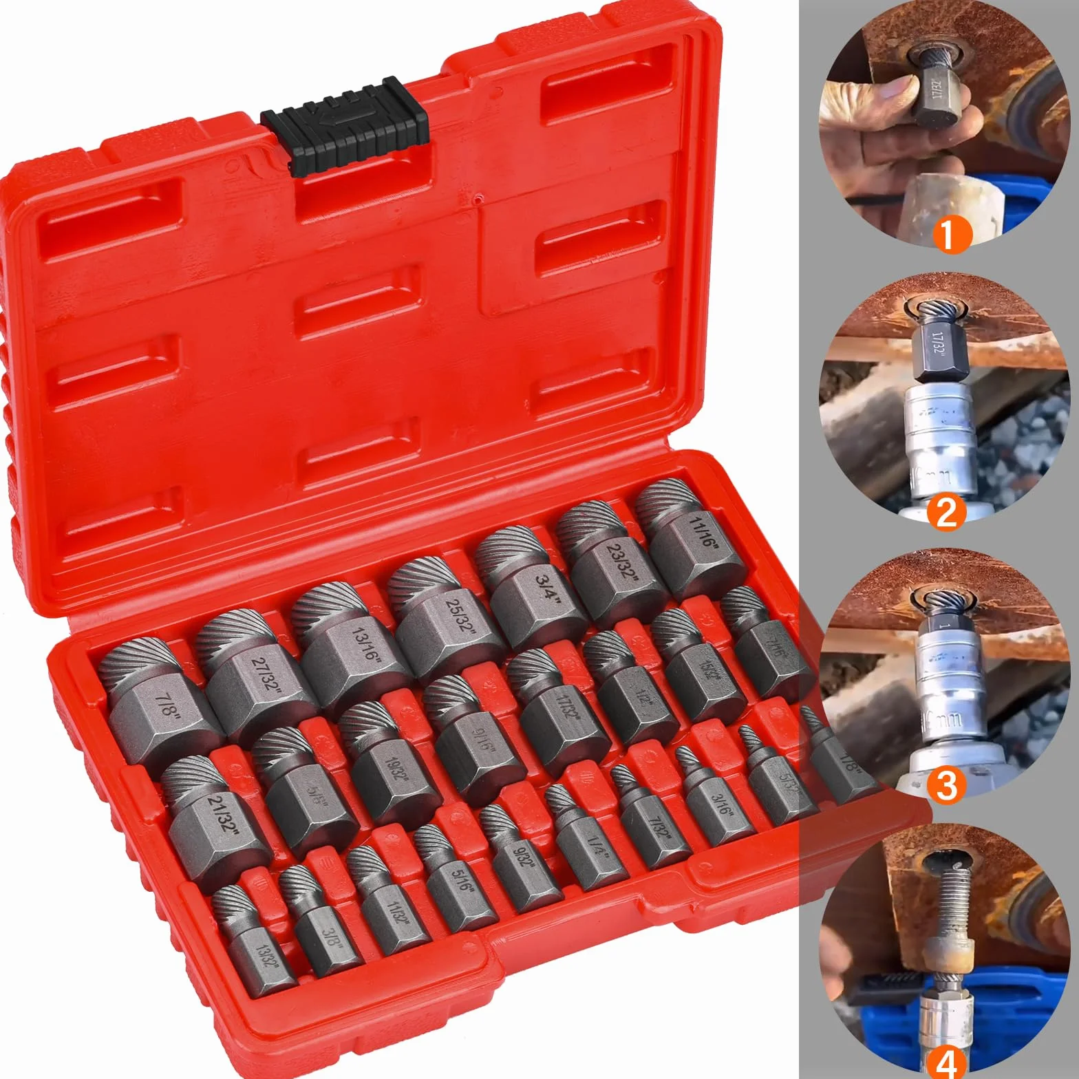Juego de 25 Extractor de Tornillos, Profesionales Extractor de Tornillos Rotos, Extractores de Tornillos Izquierdos para Remover Pernos, Tornillos y Tornillos de Cabeza Hexagonal Rotos