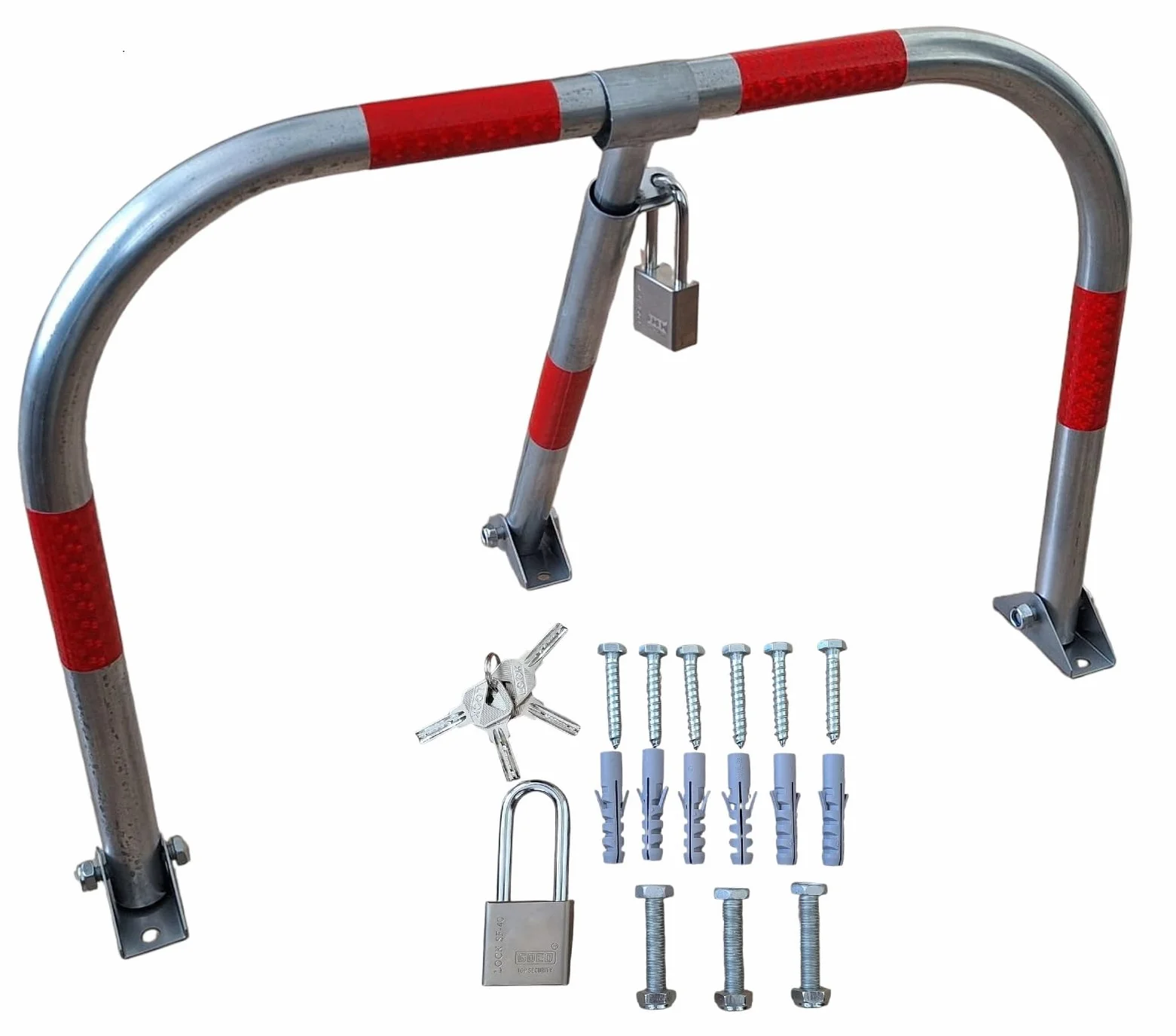 FERRETELIX® Cepo de Parking zincado/Valla Guardaplazas | Bloqueo Manual de Alta Resistencia incluye tornilleria y candado de seguridad