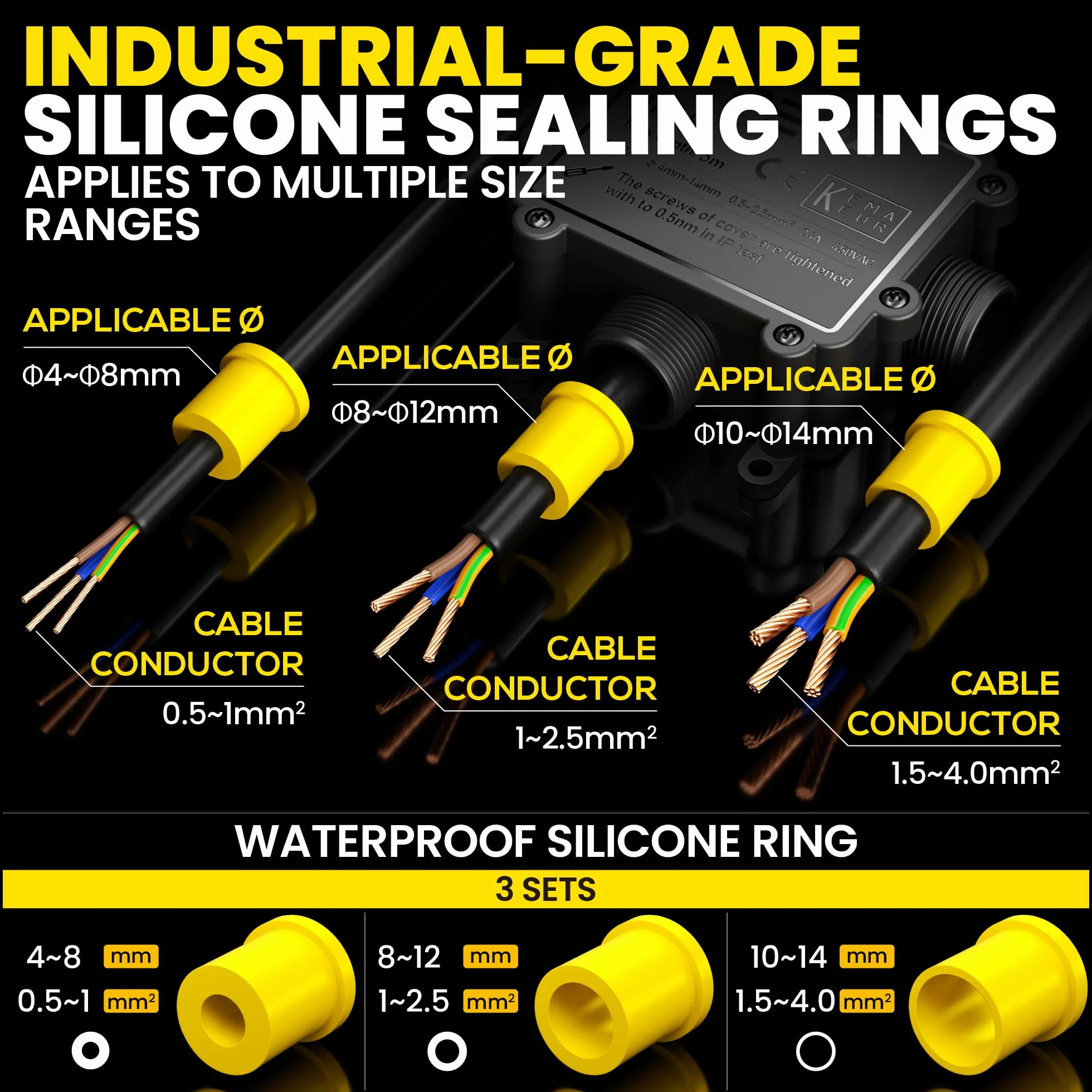 PEBA Cajas de Conexiones Impermeable IP68, 3 Vías Cajas de Empalmes Conector de Cables, Jardín Interior Exterior Subterráneo Cajas Conexiones, Diámetro de 4-14 mm