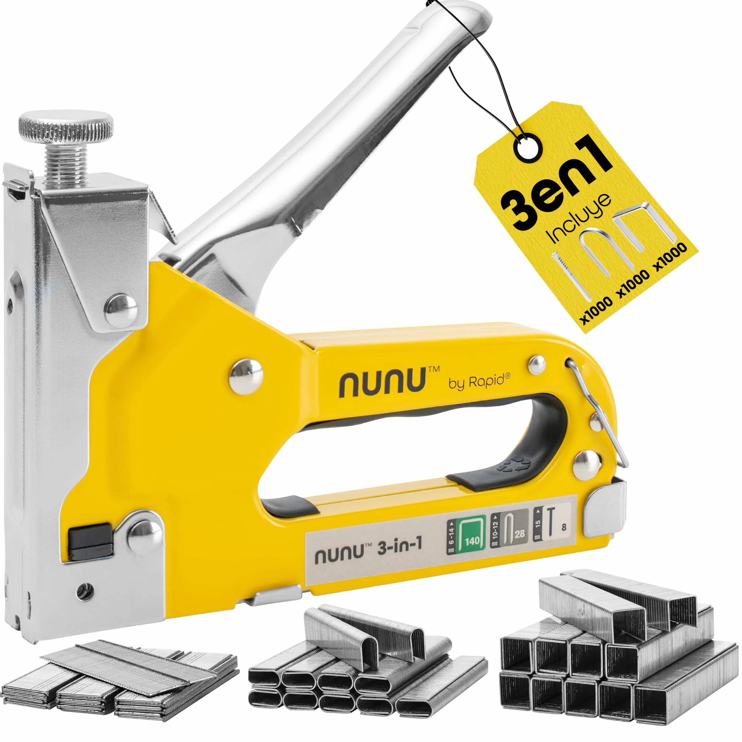 Rapid NUNU Grapadora Manual 3 en 1 para Madera con 3.000 Grapas y clavos. Grapadora Profesional para Tapicería, Paredes, Moquetas y Fijación de Cables, Potencia Ajustable, Diseño Ergonómico