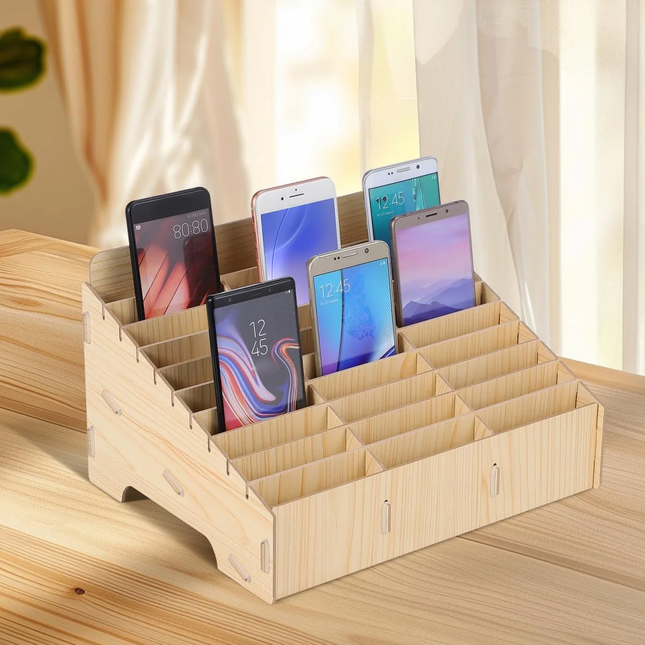 Caja de almacenamiento de madera para teléfono móvil, 30 compartimentos, organizador de mesa grande