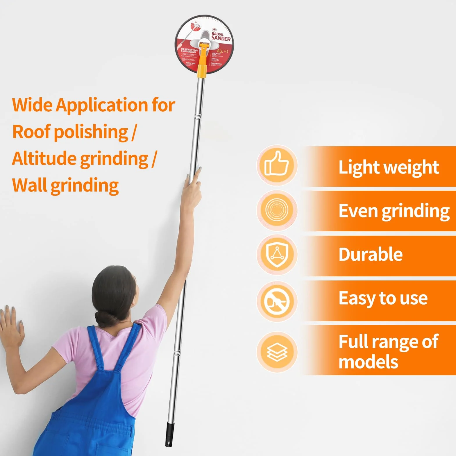 Lijadora de poste de yeso, lijadora redonda de pared seca de 9 pulgadas con poste de extensión, rotación de 360 grados, lijadora radial manual completa con 5 hojas de lijado (grano 80, 100, 120, 180