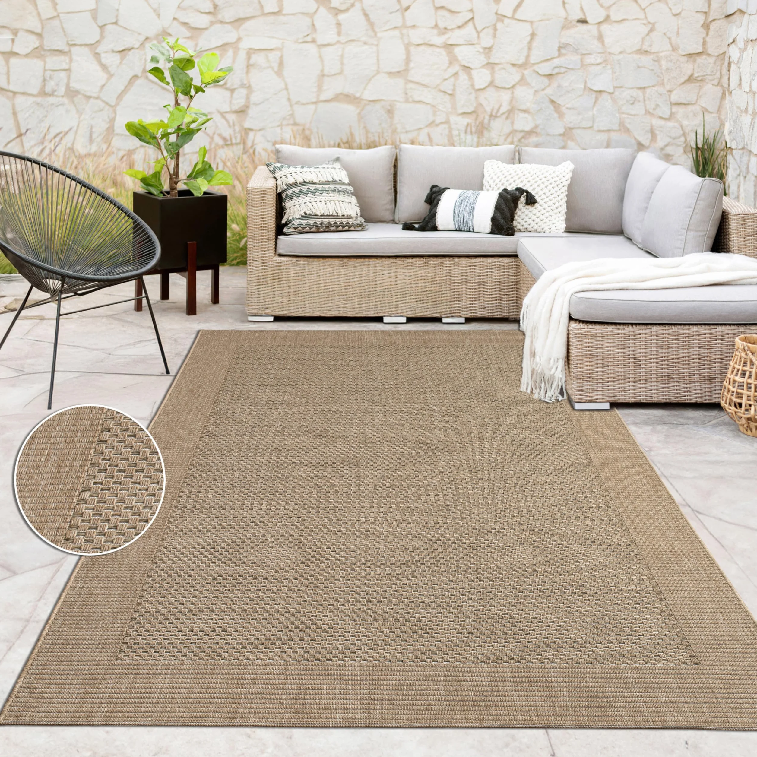 Paco Home Alfombra Interior Y Exterior Balcon Alfombra Cocina con Ribete Óptica Sisal Lisa Beige, tamaño:200x290 cm