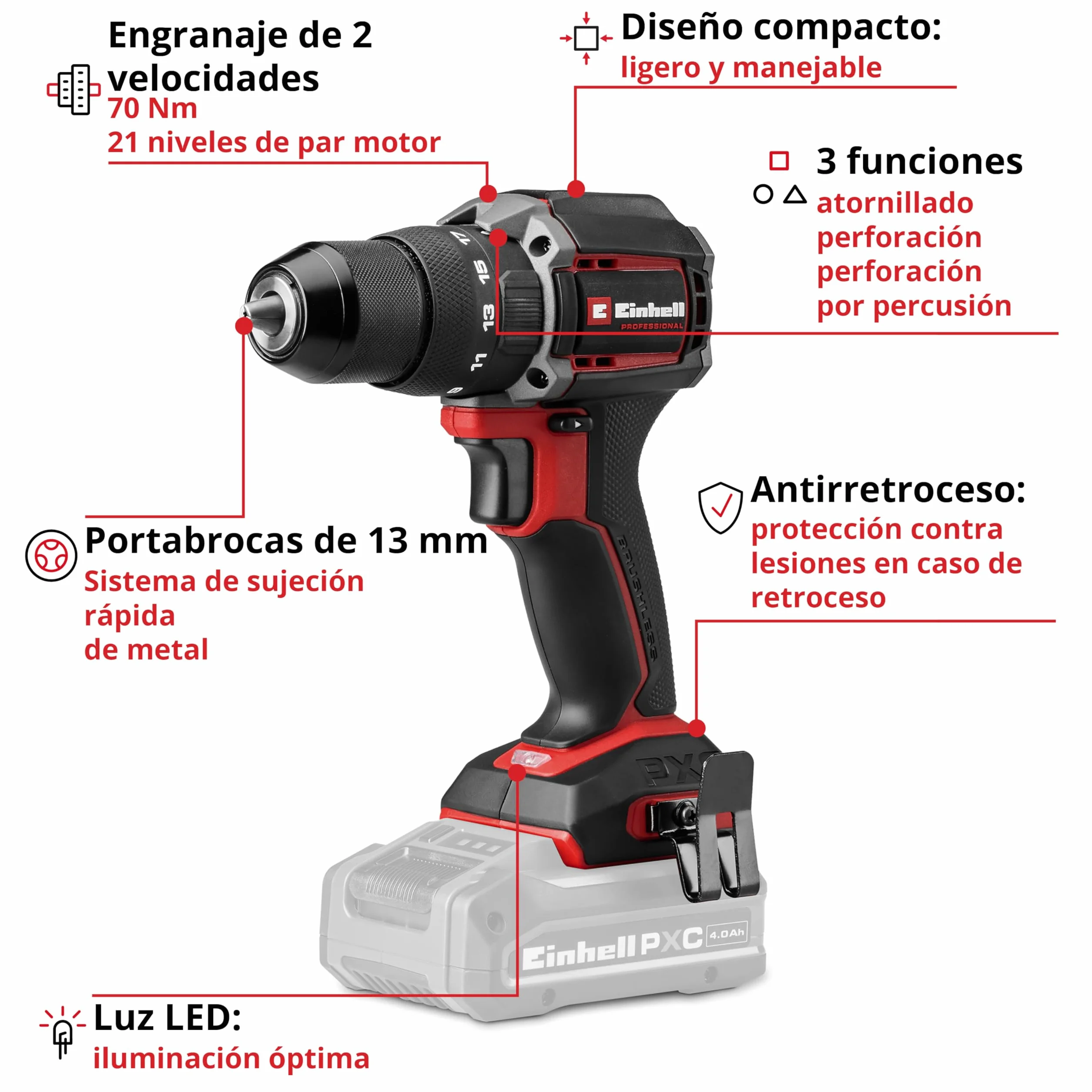 Einhell Professional taladro percutor con batería TP-CD 18/70 Li-i BL-Solo Power X-Change (18 V, sin escobillas, 70 Nm, antirretroceso, portabrocas de 13 mm, 2 velocidades, sin batería)