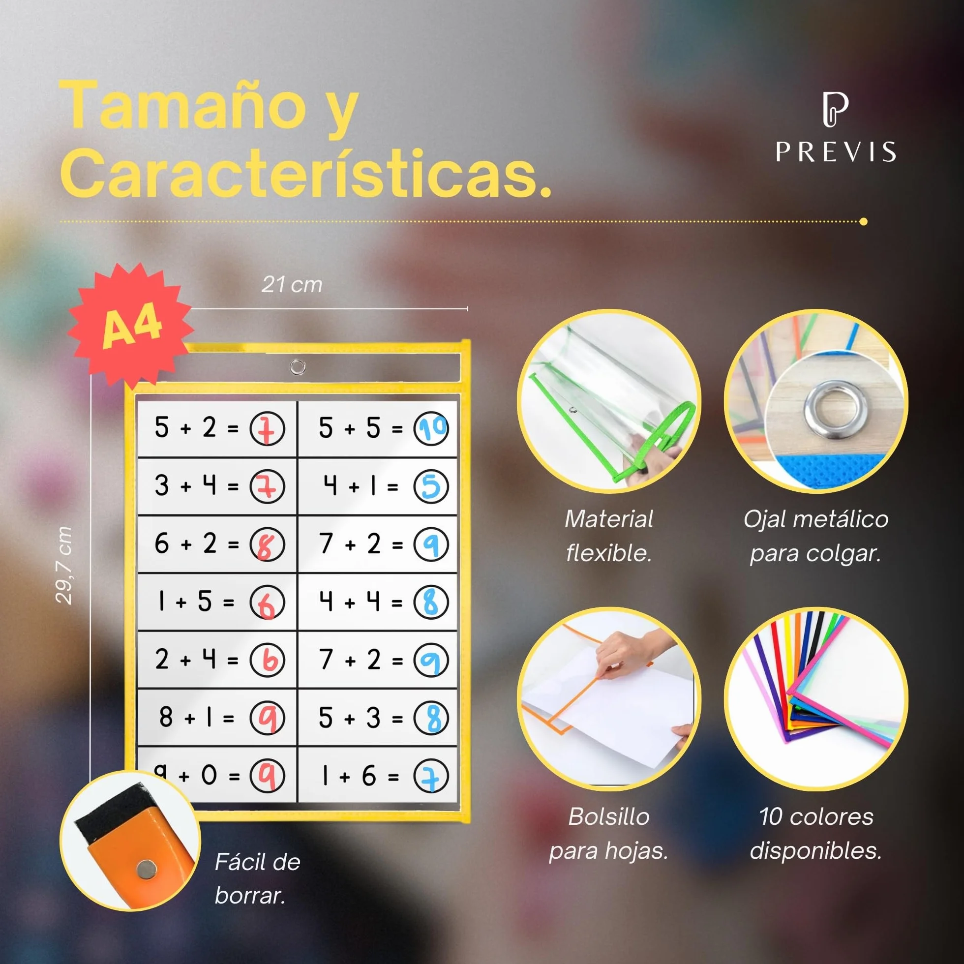 PREVIS Fundas Borrables A4 Tamaño Folio - 10 Unidades + 6 Rotuladores con Borrador