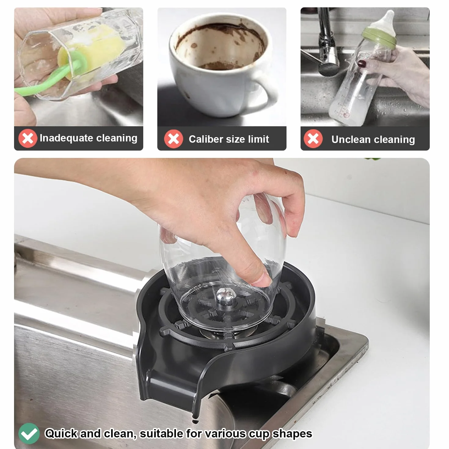Lavavasos Lava Vasos Fregadero Enjuagador Vasos - Acero Inoxidable Limpia Vasos Lavadora para Bares con Todos Los Accesorios de Instalación, Arandela para Botella para enjuagar vasos de agua