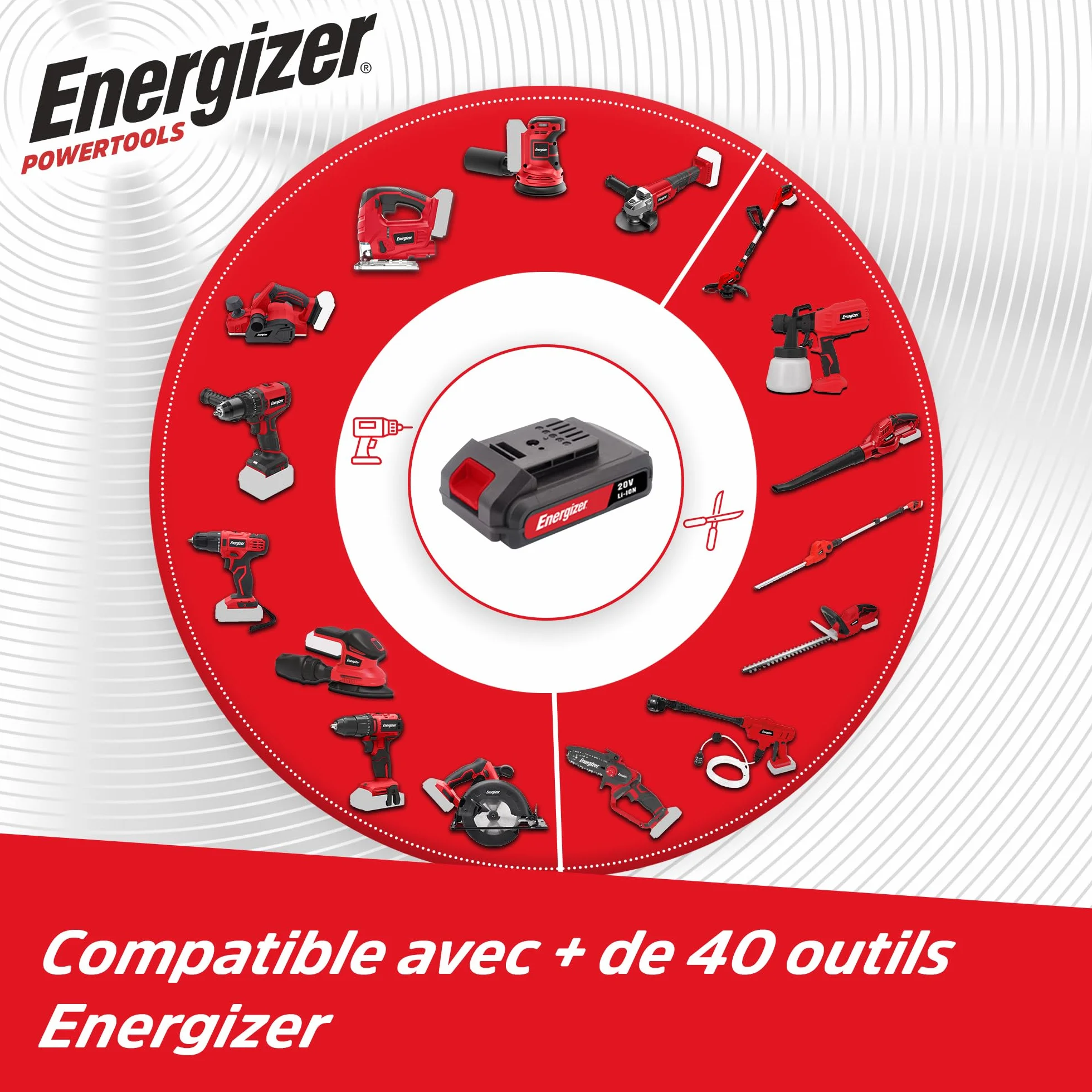 Energizer - Taladro atornillador inalámbrico 20V ultraligero, torque 40 Nm, 2 velocidades (1850 RPM), portabrocas de 10 mm, incluye 2 baterías 20V 2AH + cargador rápido, herramienta de alto rendimient