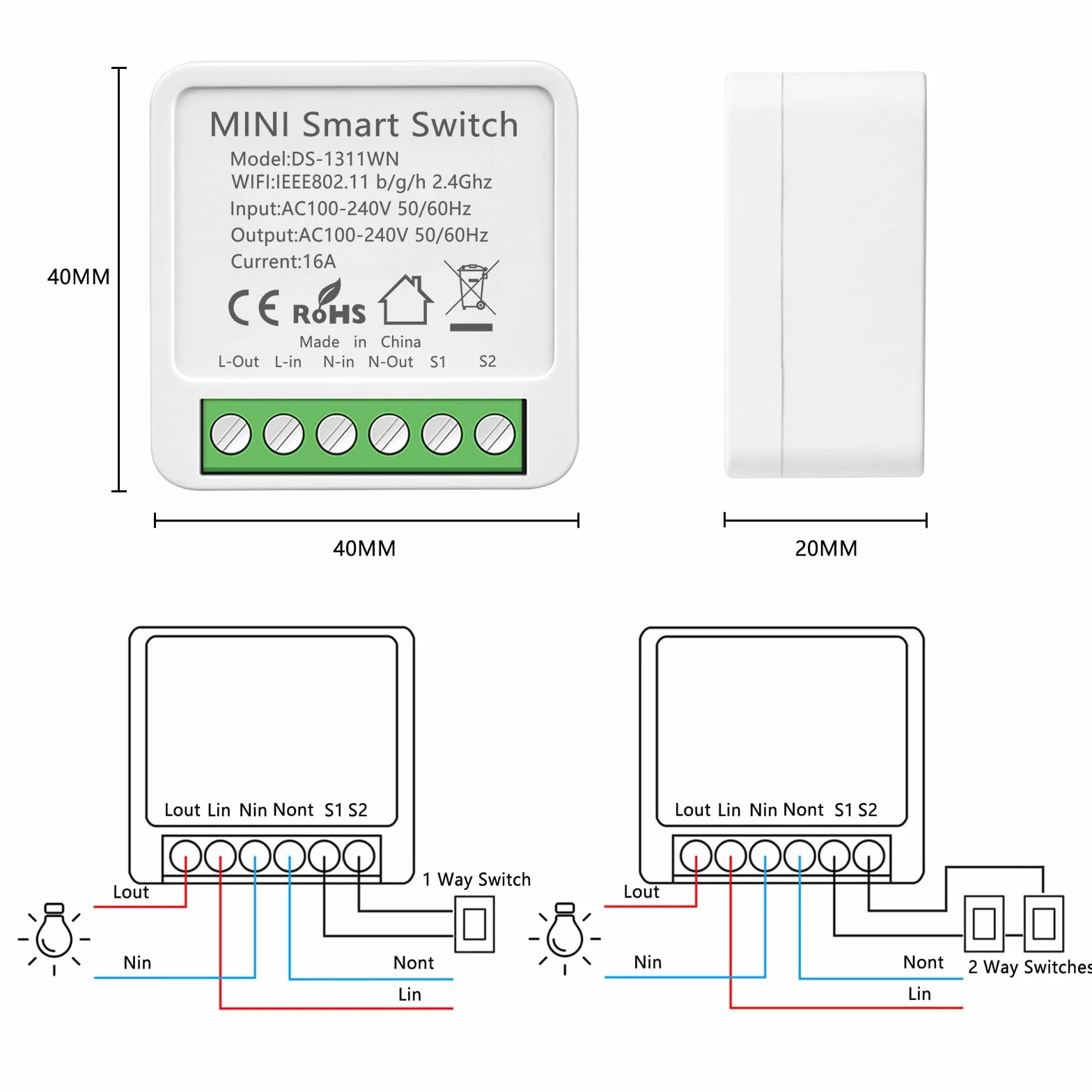 1PC Interruptor de Luz Inteligente WIFI, Alexa Interruptor Inteligente Módulo, Mini Smart Switch WIFI Compatible con Alexa,Tuya y Smart Life, Requiere Conductor Neutro