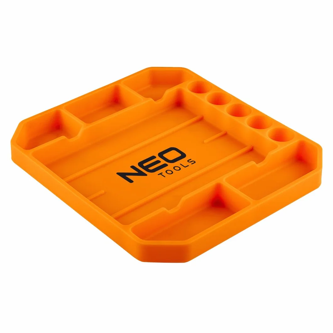 NEO TOOLS Bandeja de herramientas de silicona, 25,7 x 23,2 x 2,5 cm, 6 compartimentos, 5 portabrocas, antideslizante, ligera, protege herramientas y equipos de taller, flexible, antideslizante