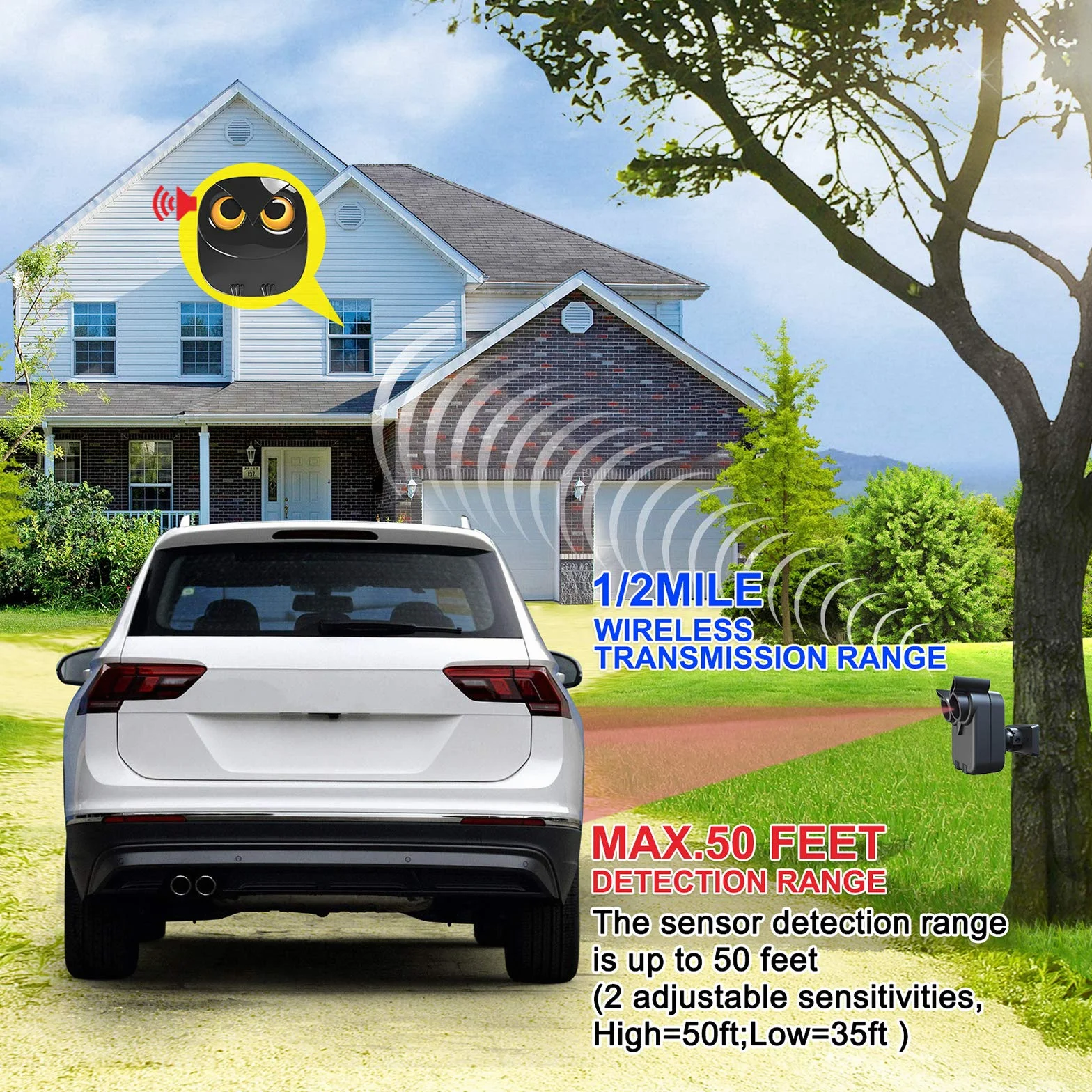Sistema de Alarma Inalámbrico de Largo Alcance para Entrada de 800m- Sensor de Movimiento Resistente a la Intemperie - Monitorea y Protege la Propiedad Exterior/Interior - 1 Receptor y 3 sensores