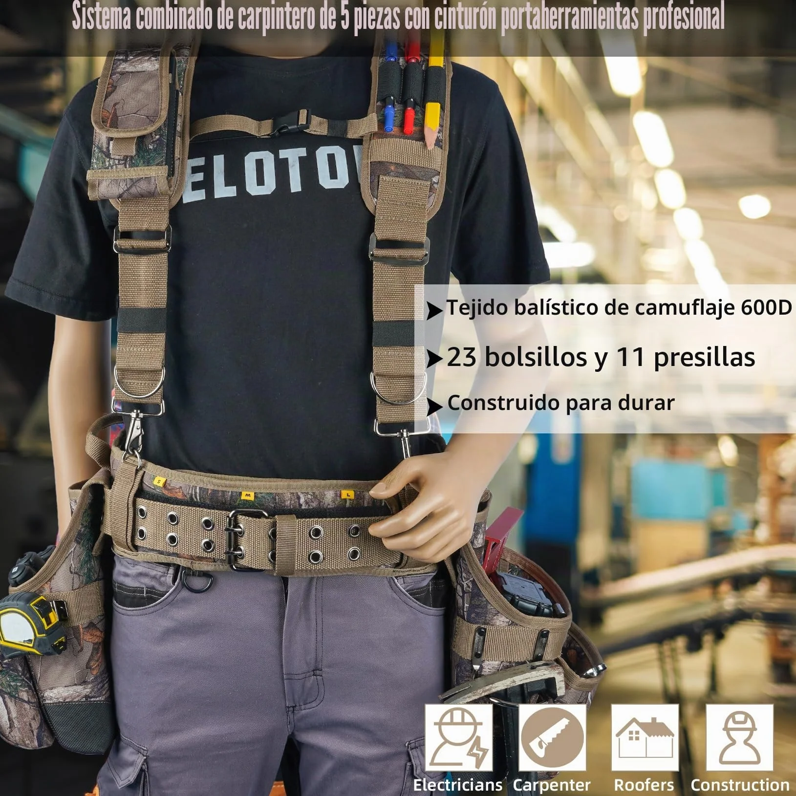 MELOTOUGH - Cinturón de herramientas con camuflaje y tirantes Bolso de herramientas con camuflaje y tirantes Combinación de peine, delantal, cinturón de herramientas, bolsa de herramientas para