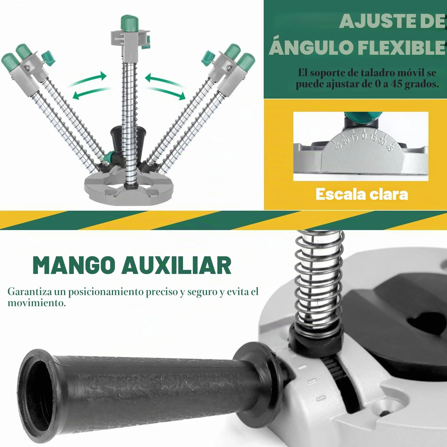 Soporte de perforación con ángulo ajustable, 0~45° ayuda para taladrado angular, taladro de mesa Alzmetall con mango auxiliar adicional, bastidor de perforación móvil para taladrado recto y oblicuo