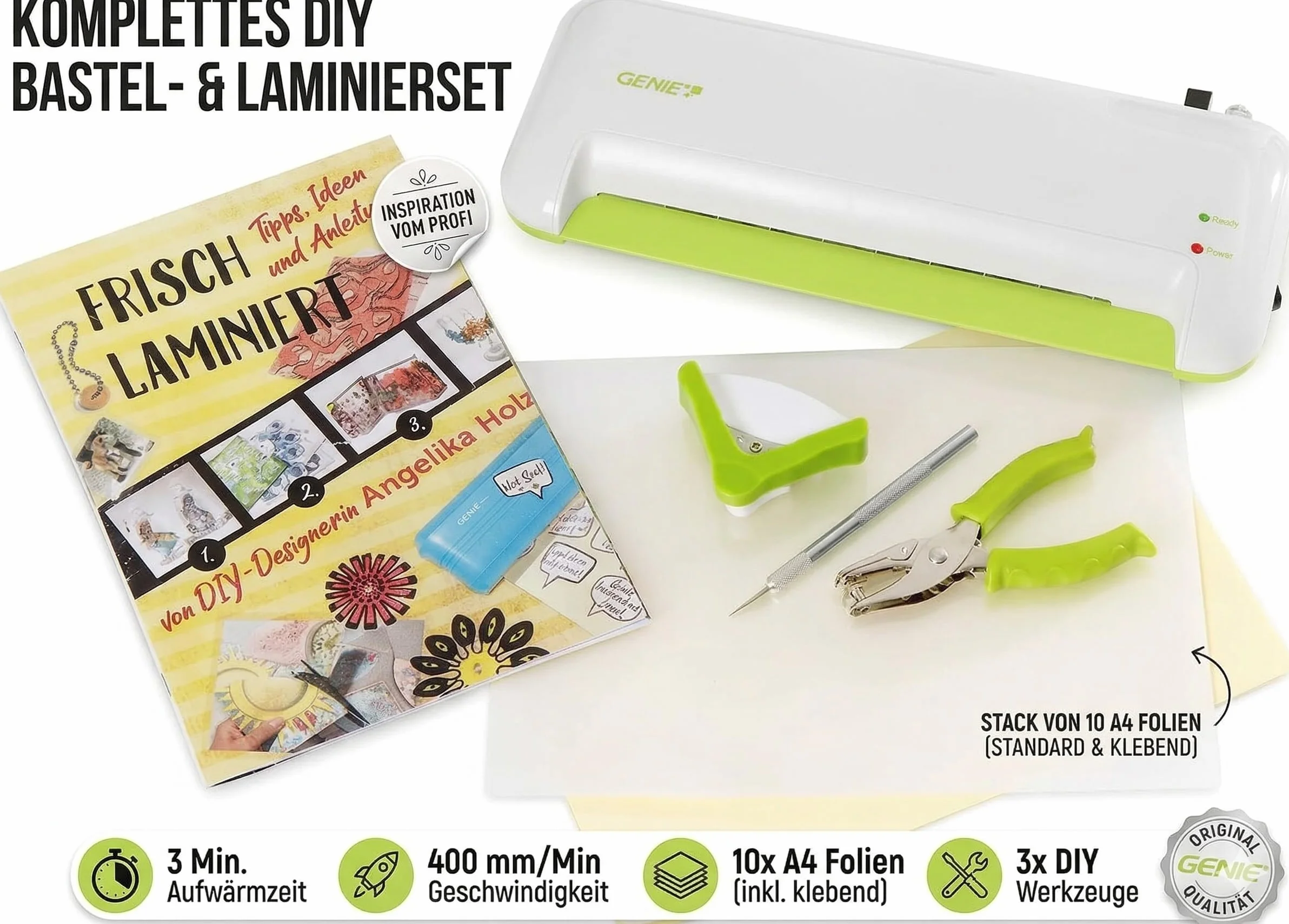 GENIE Juego creativo de laminación 4 en 1 para manualidades, plastificadora, paquete creativo, paquete de manualidades, láminas de laminación