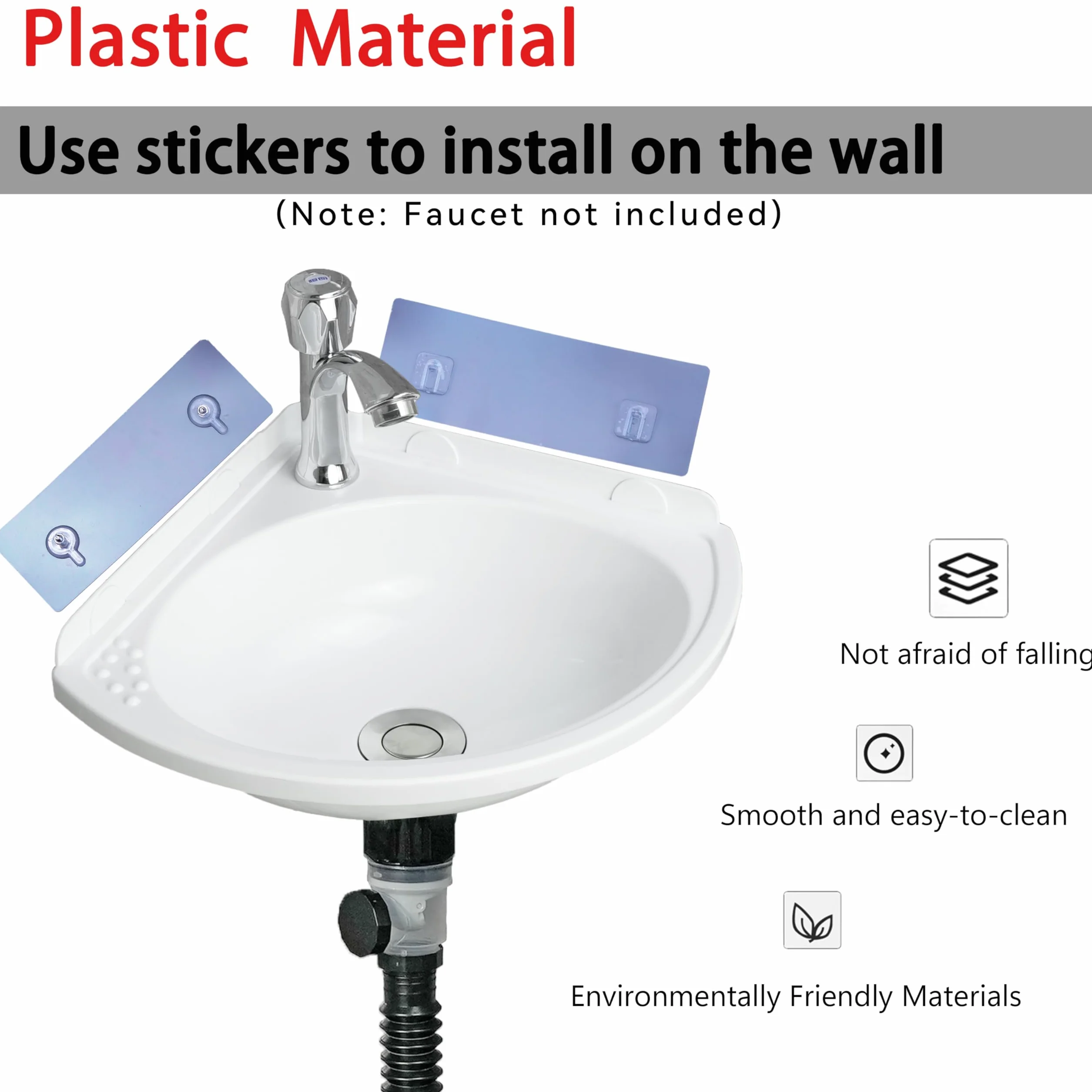 Fregadero de baño pequeño para montaje en pared, lavabo triangular sin taladro, autoadhesivo, 12 x 12 pulgadas con agujero para grifo de 1.26 pulgadas, mini fregadero de plástico para el hogar