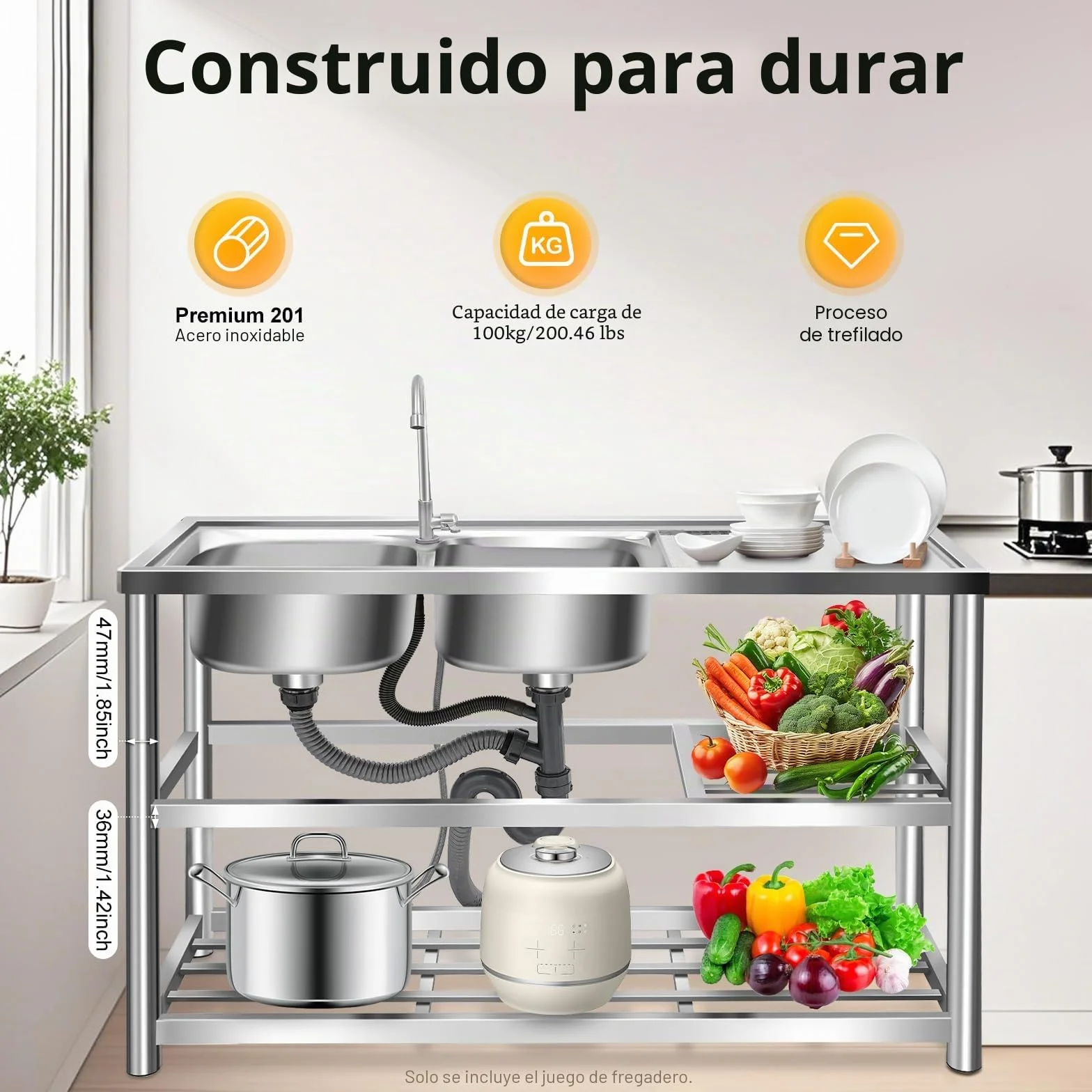 Fregadero de cocina independiente, 2 cuencos, doble, de acero inoxidable, comercial con grifo, soporte y drenaje, para exterior e interior