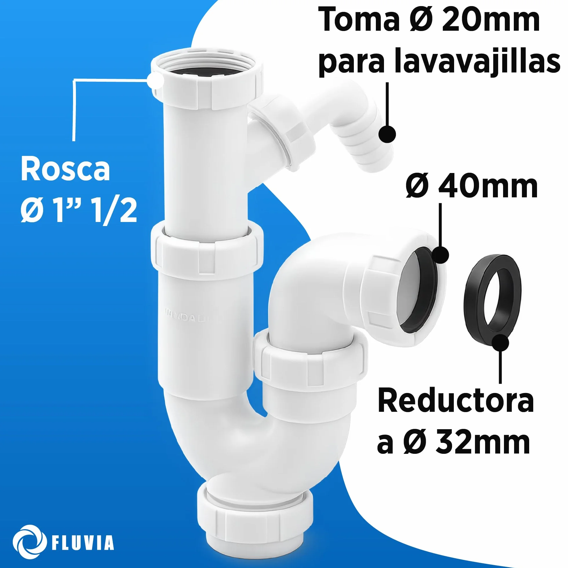 Sifon Curvo Extensible para Fregadero 20 mm con Racor 1 1/2 Salida 40 mm Reduccion 32 mm Ajustable 27 5-33 cm Antiolor Antifugas Polipropileno FLUVIA