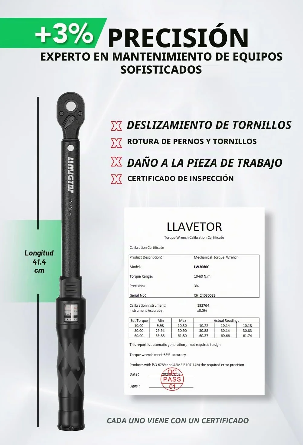Llaves Dinamométricas de 3/8", 10-60 NM Llave de Torque, Precisión de Error ±3%, Click Llave Dinamométrica con Cabezal de Trinquete Reversible