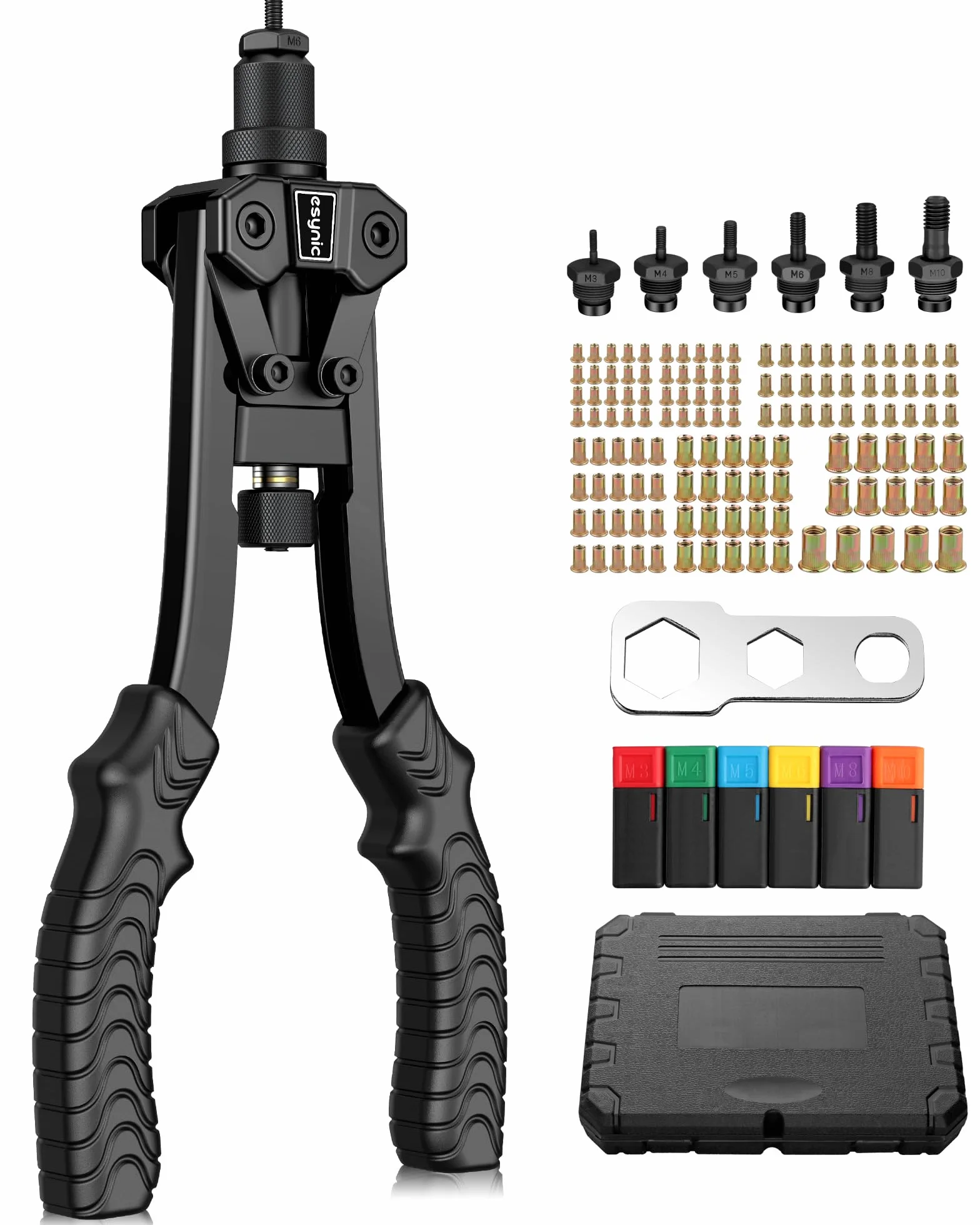 eSynic 12 '' Remachadora de Tuerca con 125 PCS Tuercas de Remache, Remachadora Manual con M3 M4 M5 M6 M8 M10 Pistola Remachadora con Estuche para Reparación de Automóviles Construcción - Negro