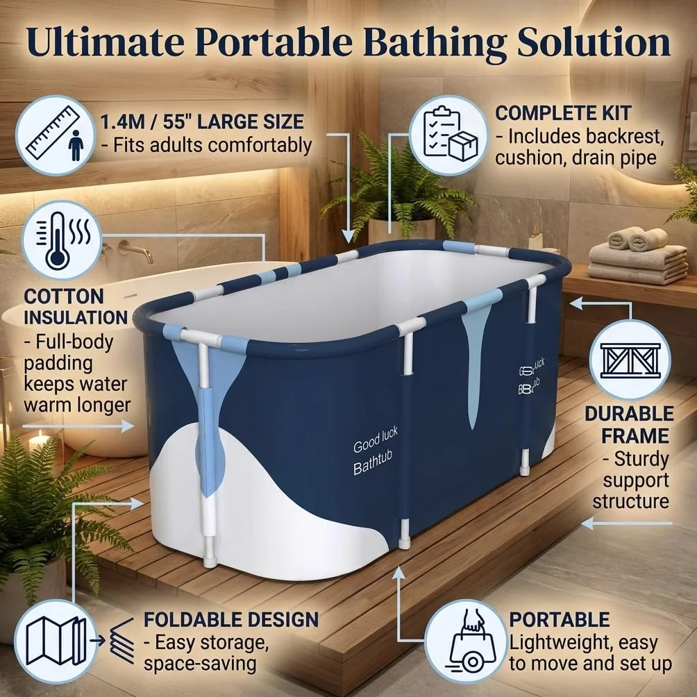 Bañera plegable para adultos, 140 x 60 x 50 cm, baño de spa móvil con aislamiento de 6 capas, bandeja de ducha plegable para spa en casa, jardín y apartamento pequeño, azul y blanco