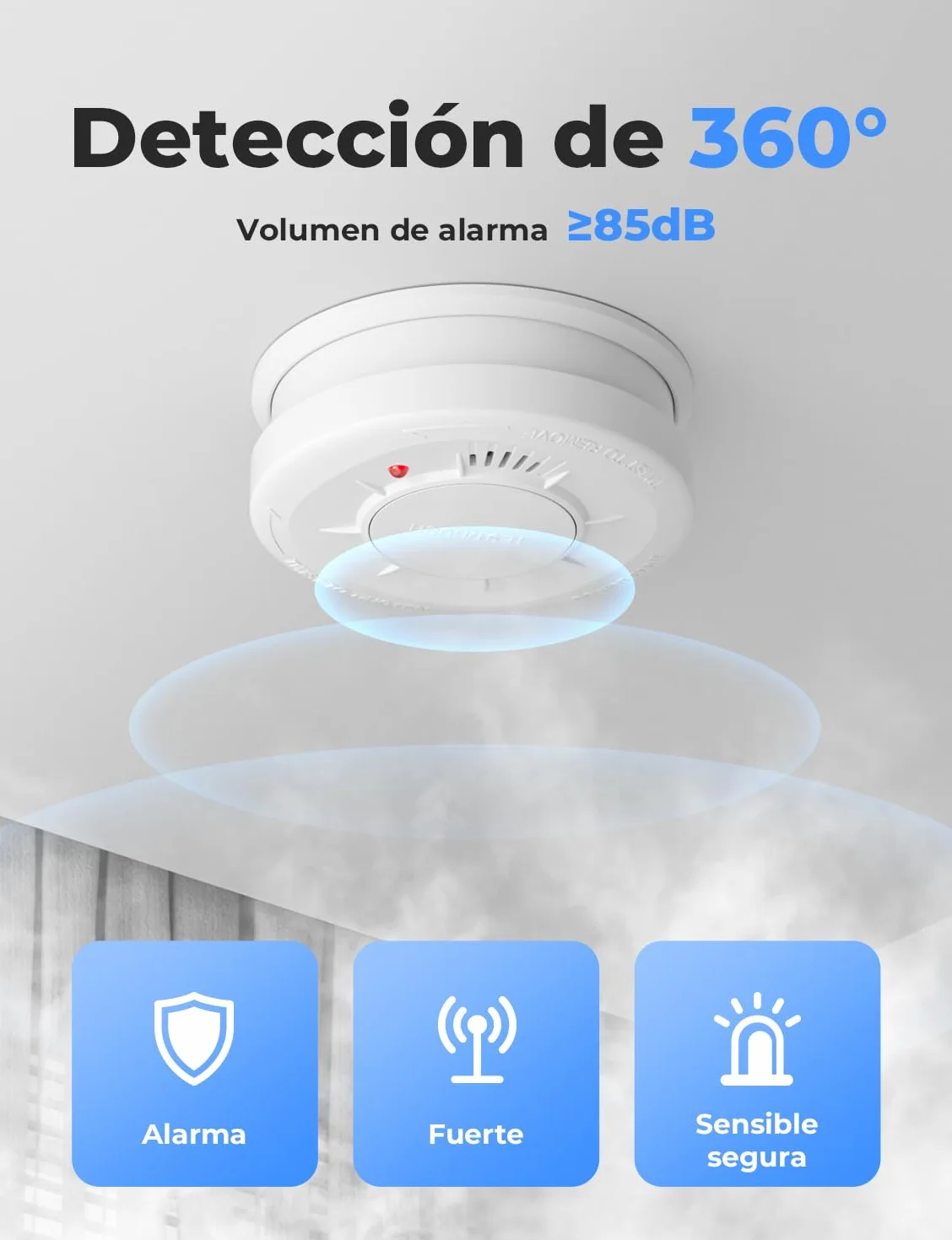 LIORQUE Detector de Humo, Alarma de Humo con Sensor de 10 Años, 5 Años de Duración de Batería, Detector Incendios with LED Indicator con Alarma de 85 dB (1 Pieza)