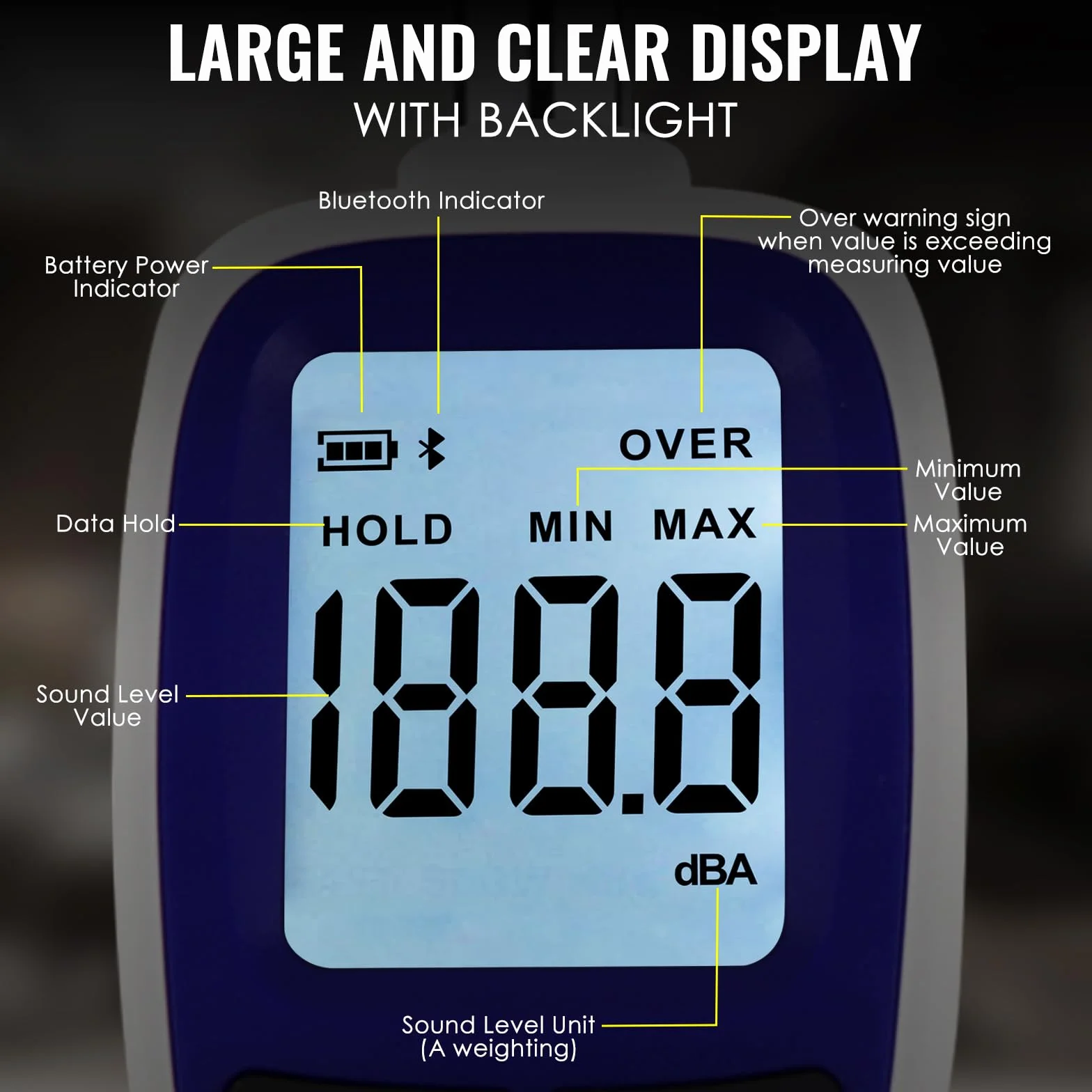 Medidor de decibelios Bluetooth digital de nivel de sonido con APP Datalogger, medidor SPL inalámbrico de 30-130dBA de alta precisión, 20.000 registros, máx./min/espera, alarma - probador de ruido