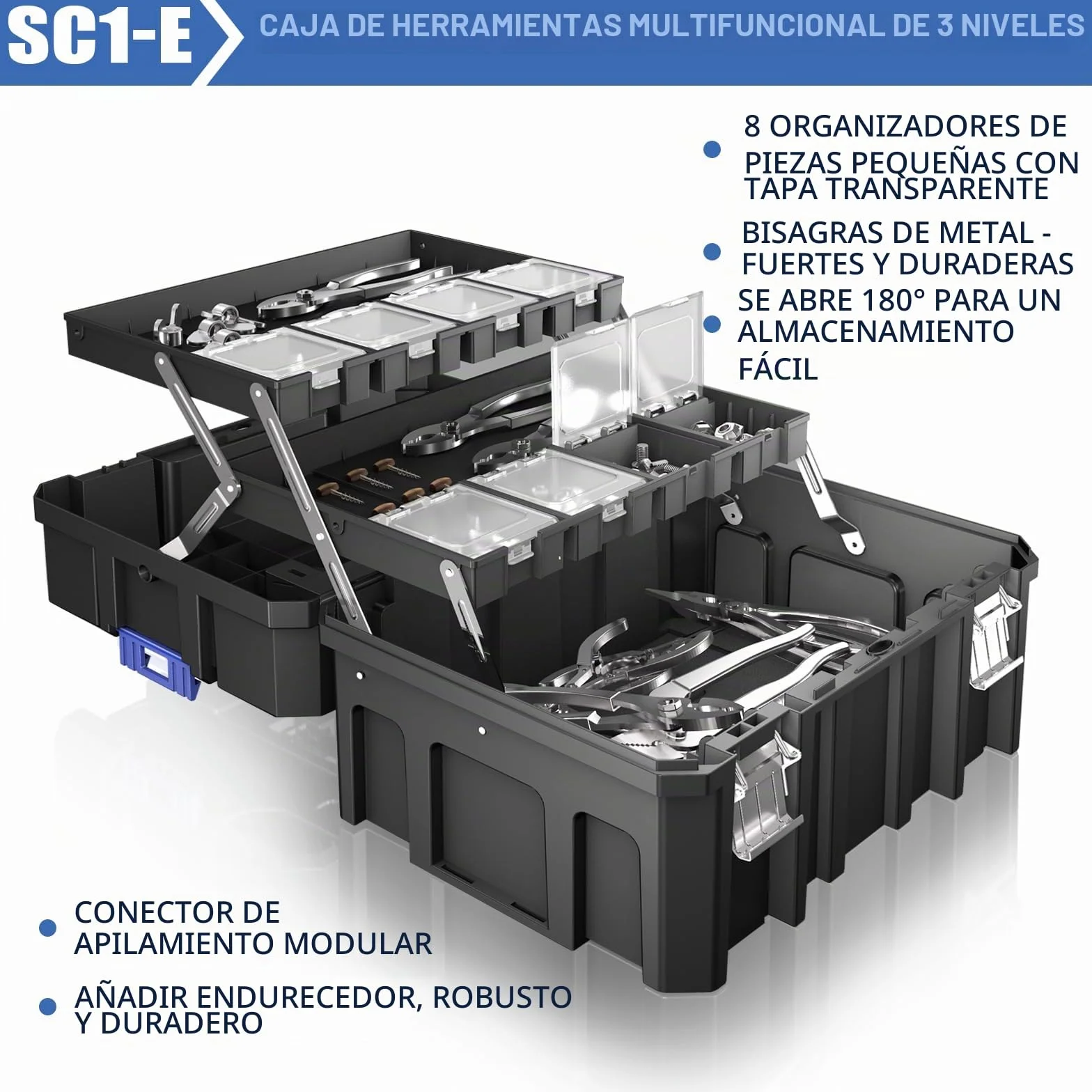 Caja de herramientas de 5 capas vacía con ruedas, modular, caja de herramientas apilable, caja de herramientas portátil vacía con cajón, resistente y duradera, para garajes, reparaciones domésticas