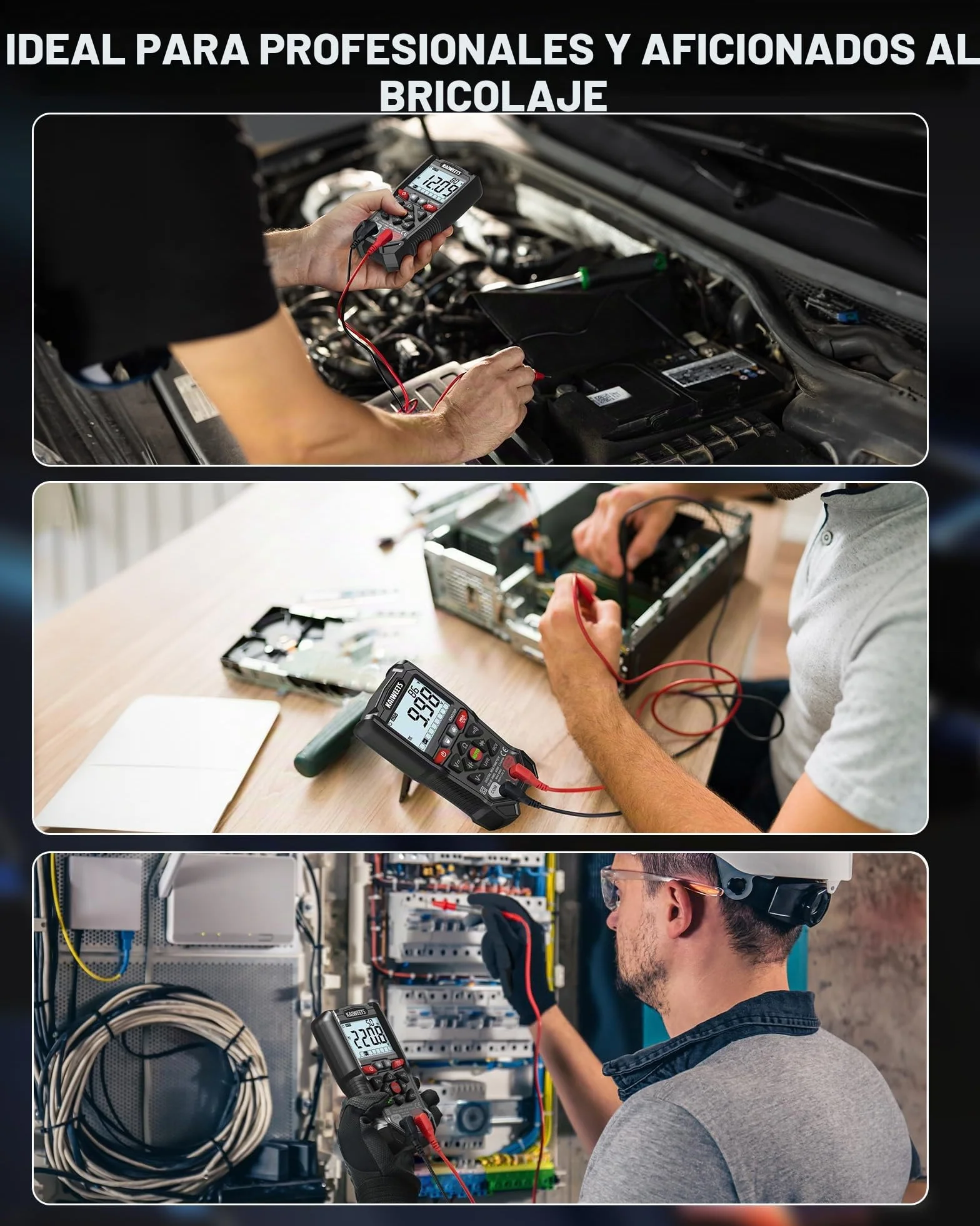 Multímetro Digital KAIWEETS con Control por Botones, 4000 Cuentas, Selección Automática de Rango, TRMS, Función NCV y Prueba de Cable Vivo, Mide Tensión CA/CC, Resistencia, Continuidad y Capacidad