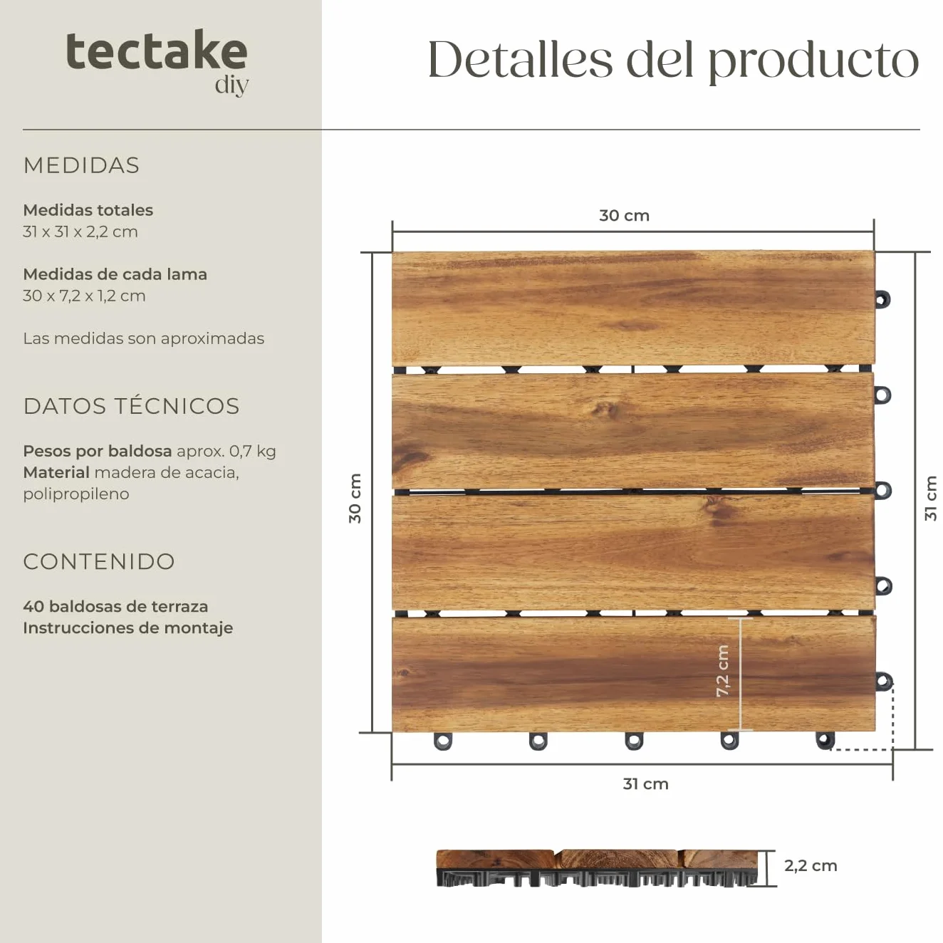 tectake® Set 40x Baldosas Jardín Exterior con 4 Tablones Madera de Acacia, 31 x 31 cm, Suelo Jardín con Base de Rejilla y Drenaje, Montaje Sistema Clic, Área 1,922 m2- Madera