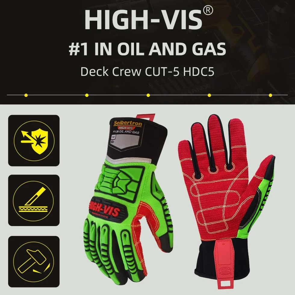Seibertron HIGH-VIS HDC5 Level 5 Cut Resistant Deckhand Gloves High Performance Protection Impact Resistant Oil and Gas Safety Gloves CE EN388 4544EP S with 1 black clip