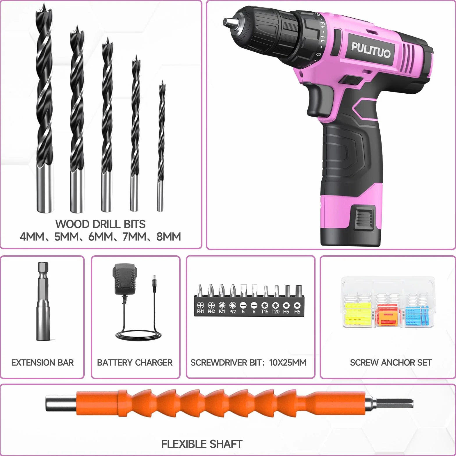 PULITUO 12V taladro inalámbrico, juegos de brocas de perforación de gran alcance con la batería de Li-Ion, 21 + 1 Ajuste de par, 3/8 "pulgadas portabrocas sin llave, taladro eléctrico.